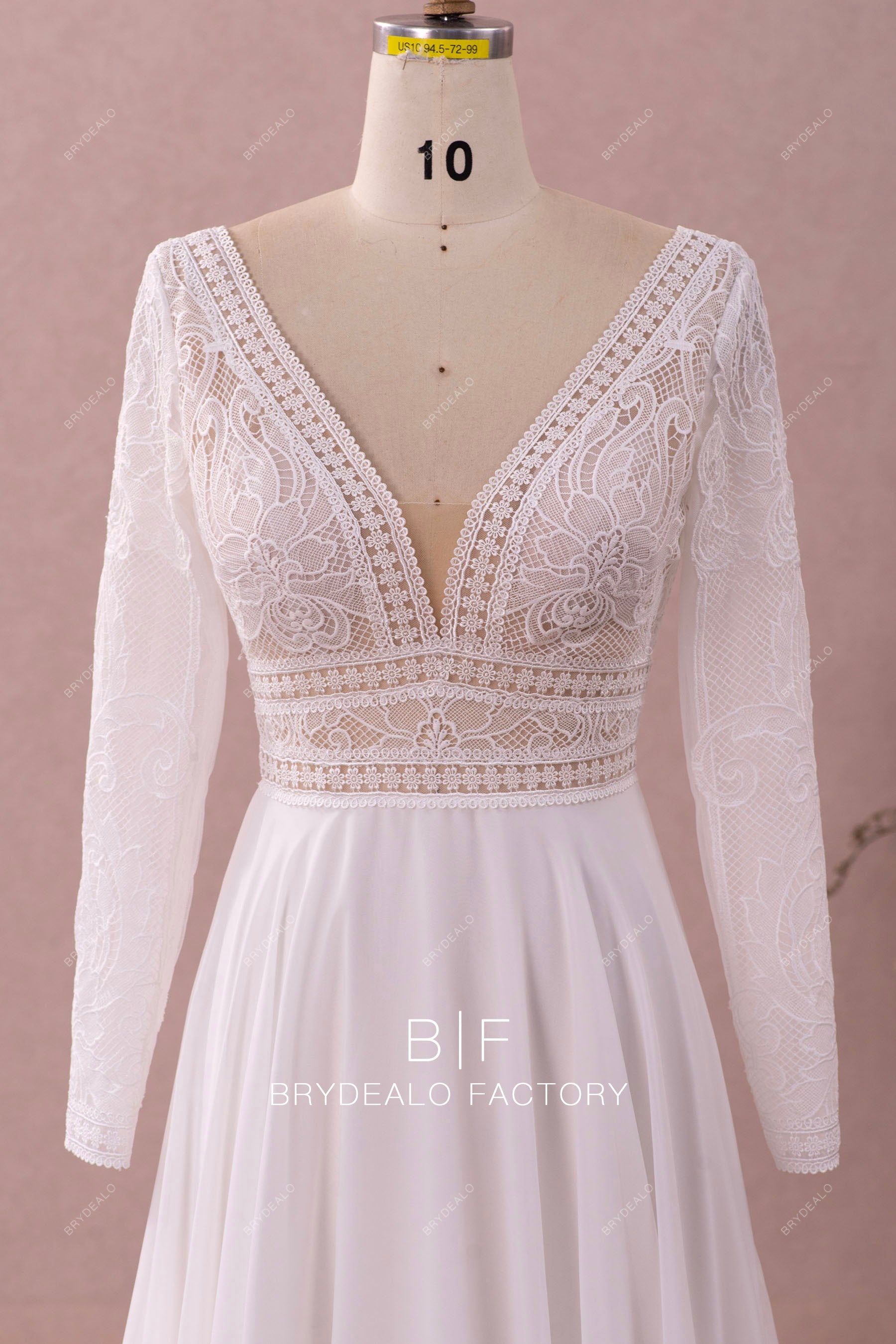 plunging neck boho lace long sleeve  wedding dress