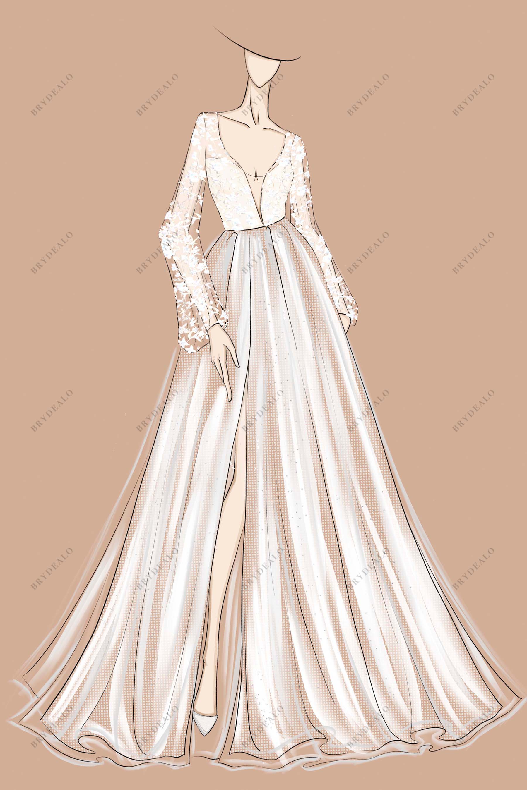 Plunging Neck Boho Lace A-line Spring Bridal Dress Sketch