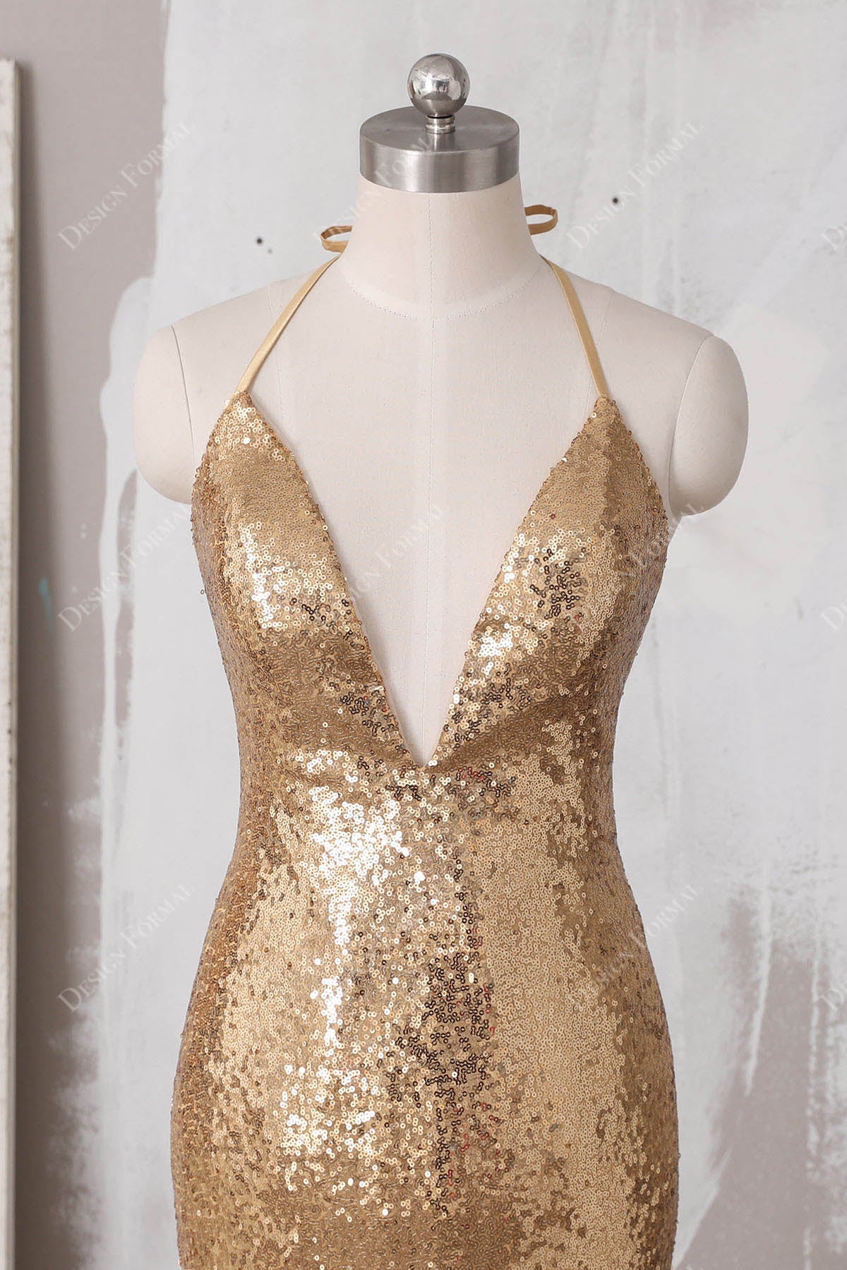 plunging neck halter gold sequin bridesmaid dress