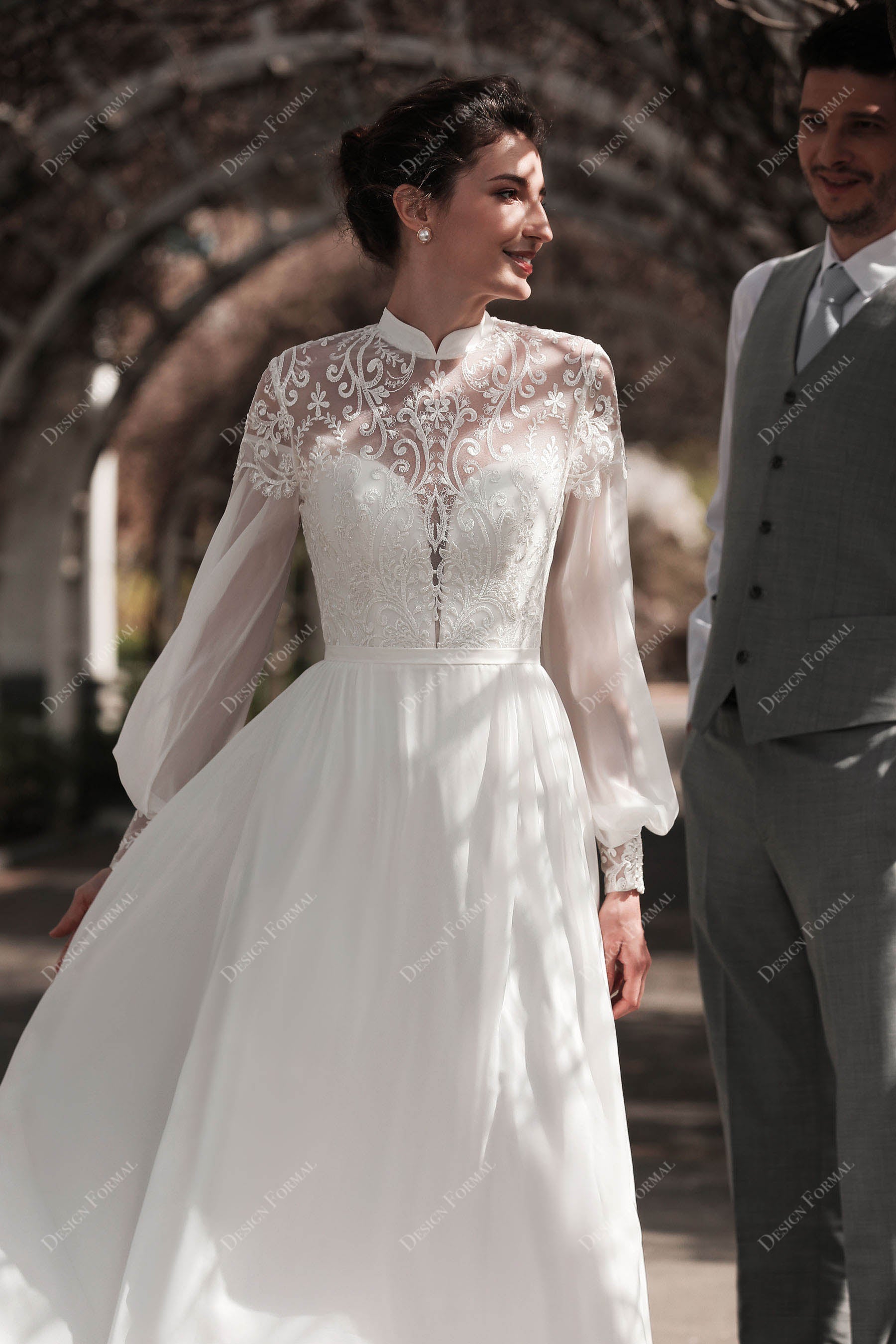 plunging neck lace chiffon bridal gown