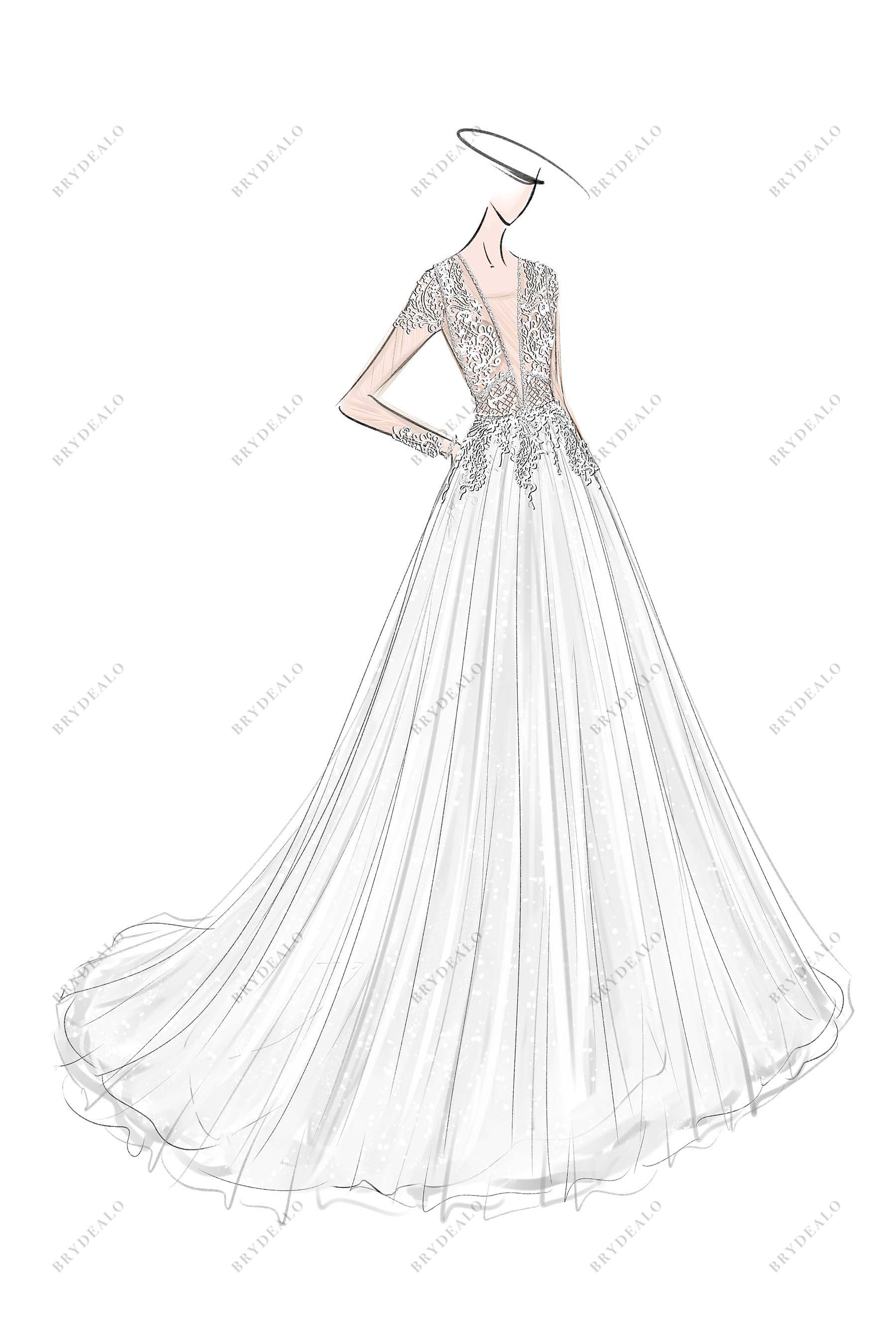 Plunging Neck Lace Custom Made Wedding Ball Gown Sketch