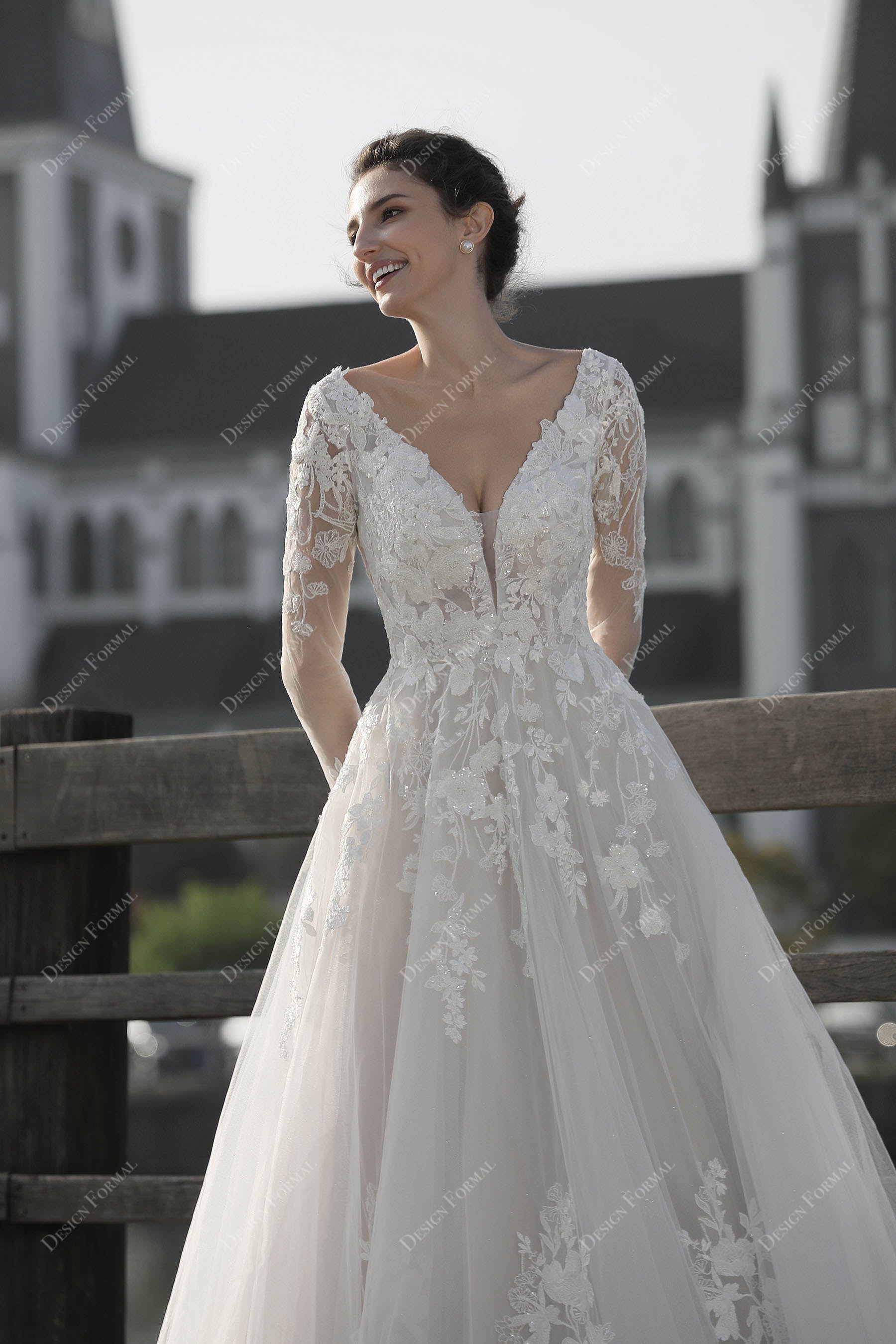 plunging neck sleeves wedding ball gown