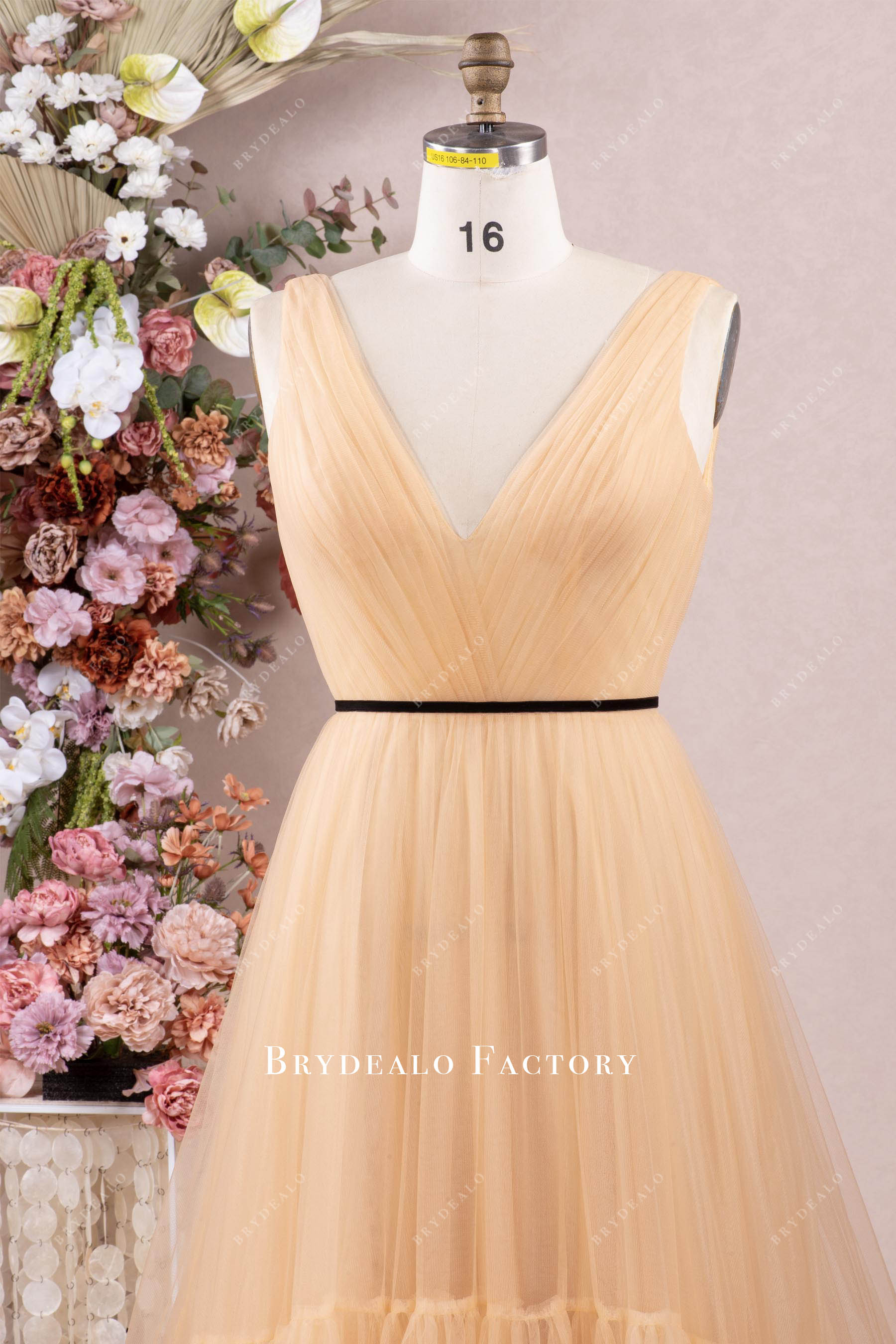 plunging V-neck pleated tulle prom dress