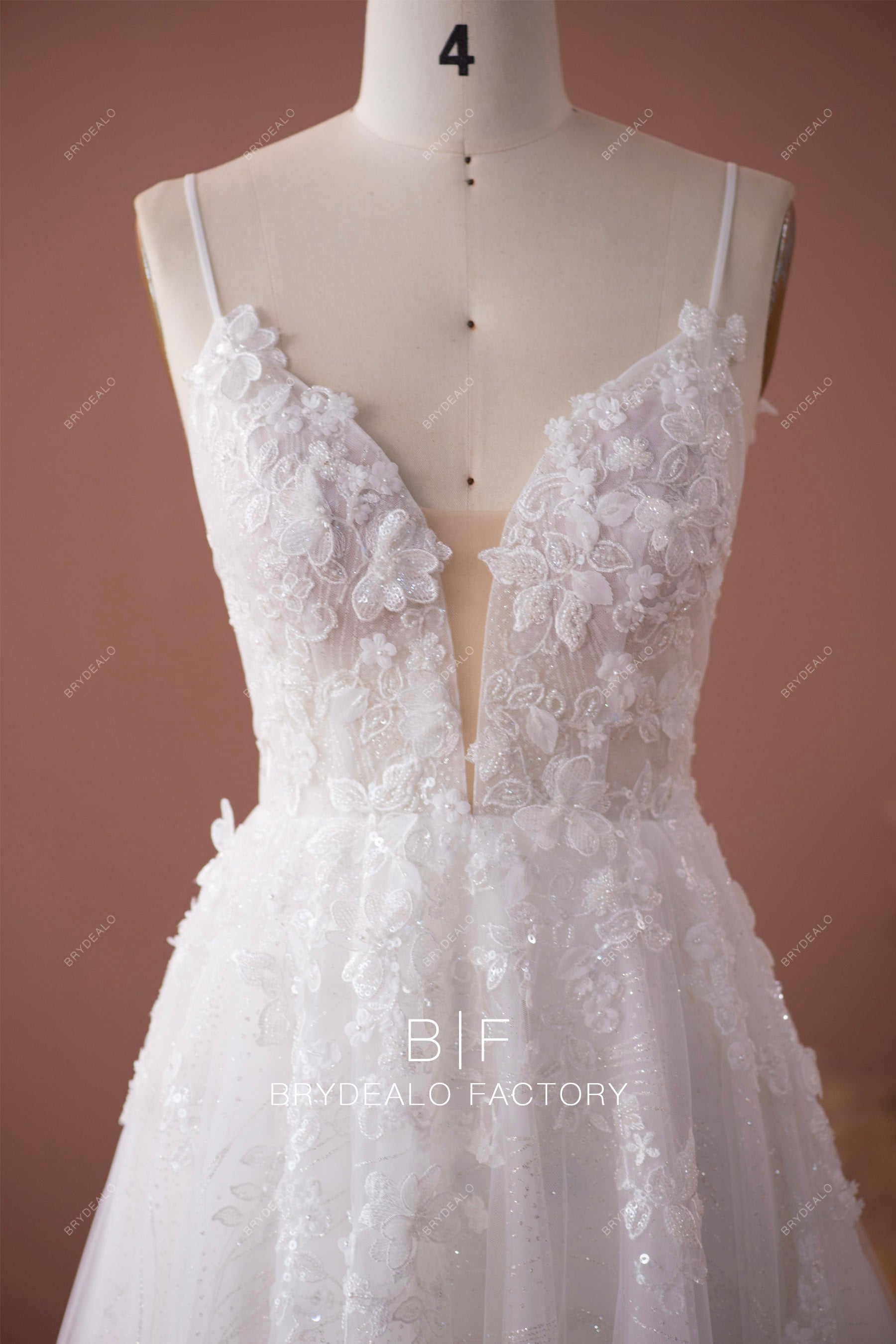 plunging neck romantic 3D flower lace garden wedding dress