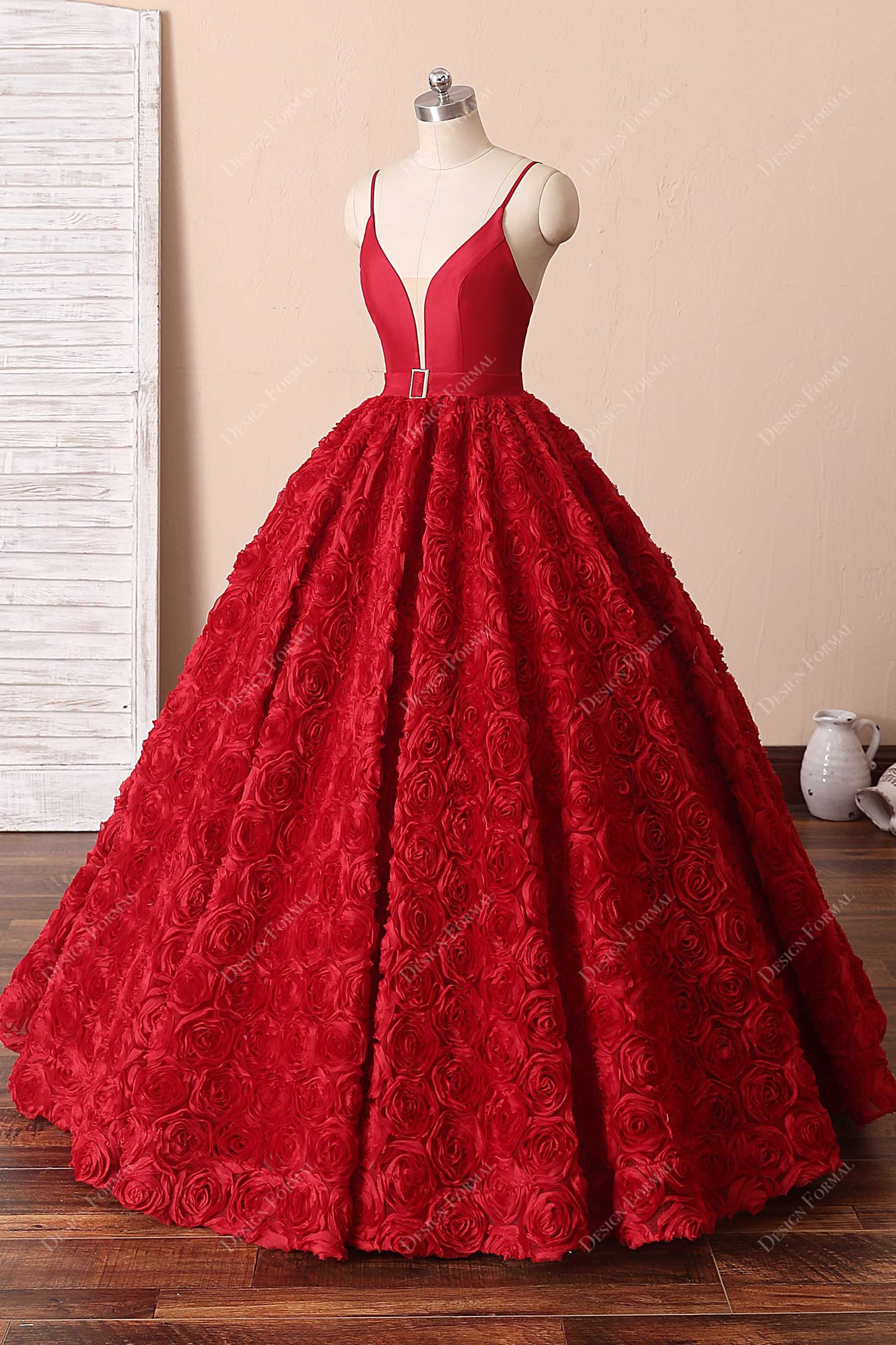 plunging satin corset 3D roses quinceanera dress