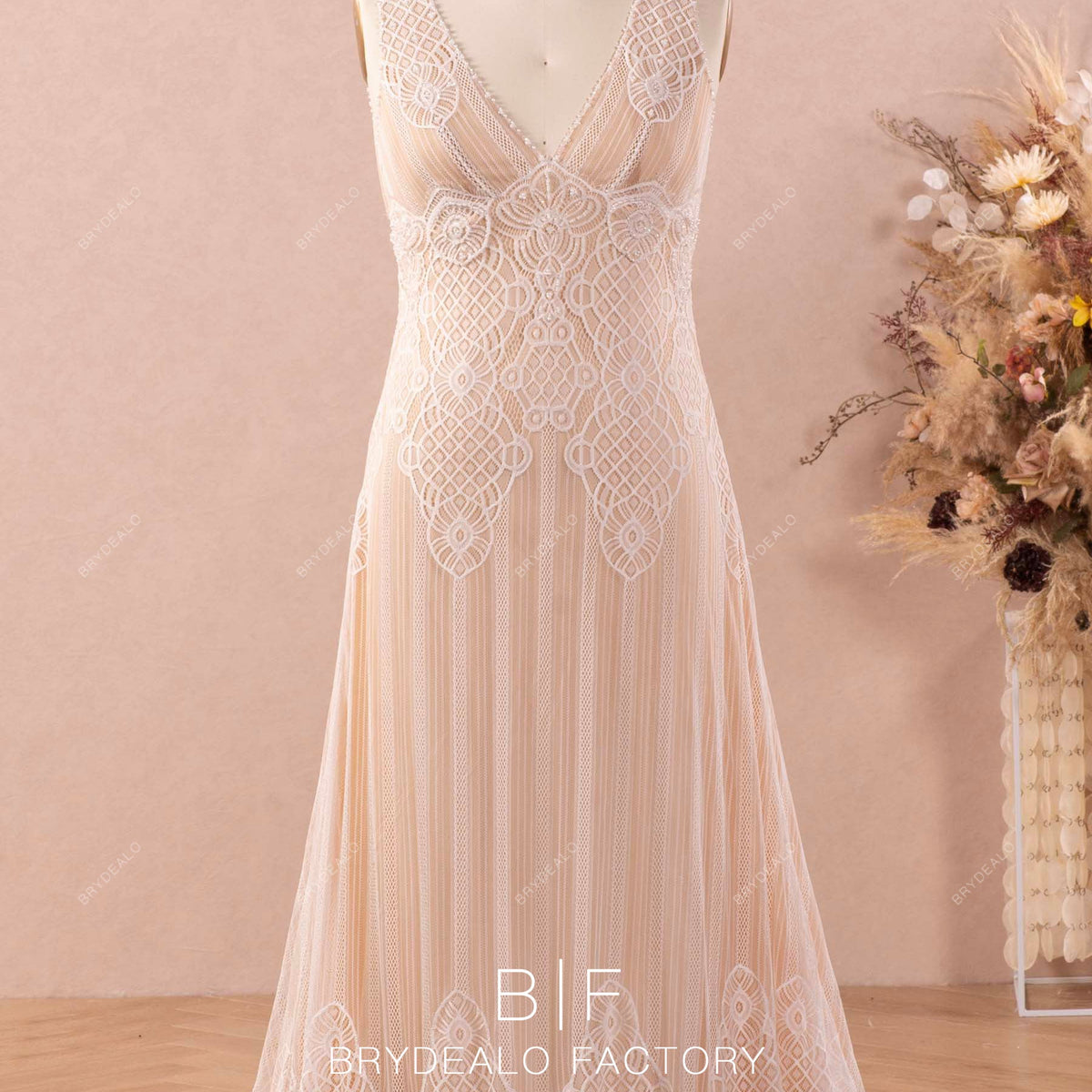 Plus Size Plunging Empire Designer Lace Nude Beige Boho Wedding Dress, Light Ivory