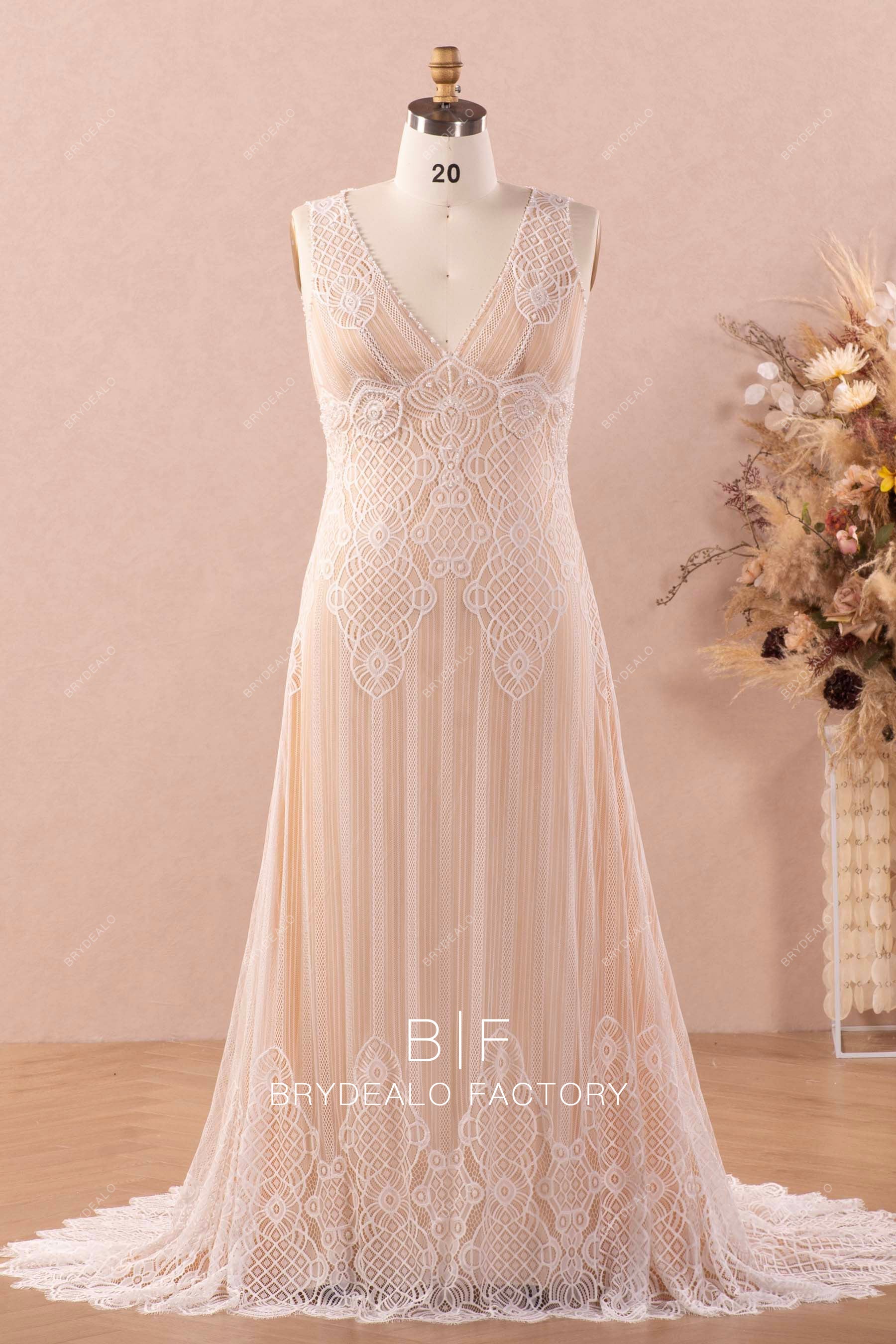 plus size fit and flare boho lace nude beige wedding dress