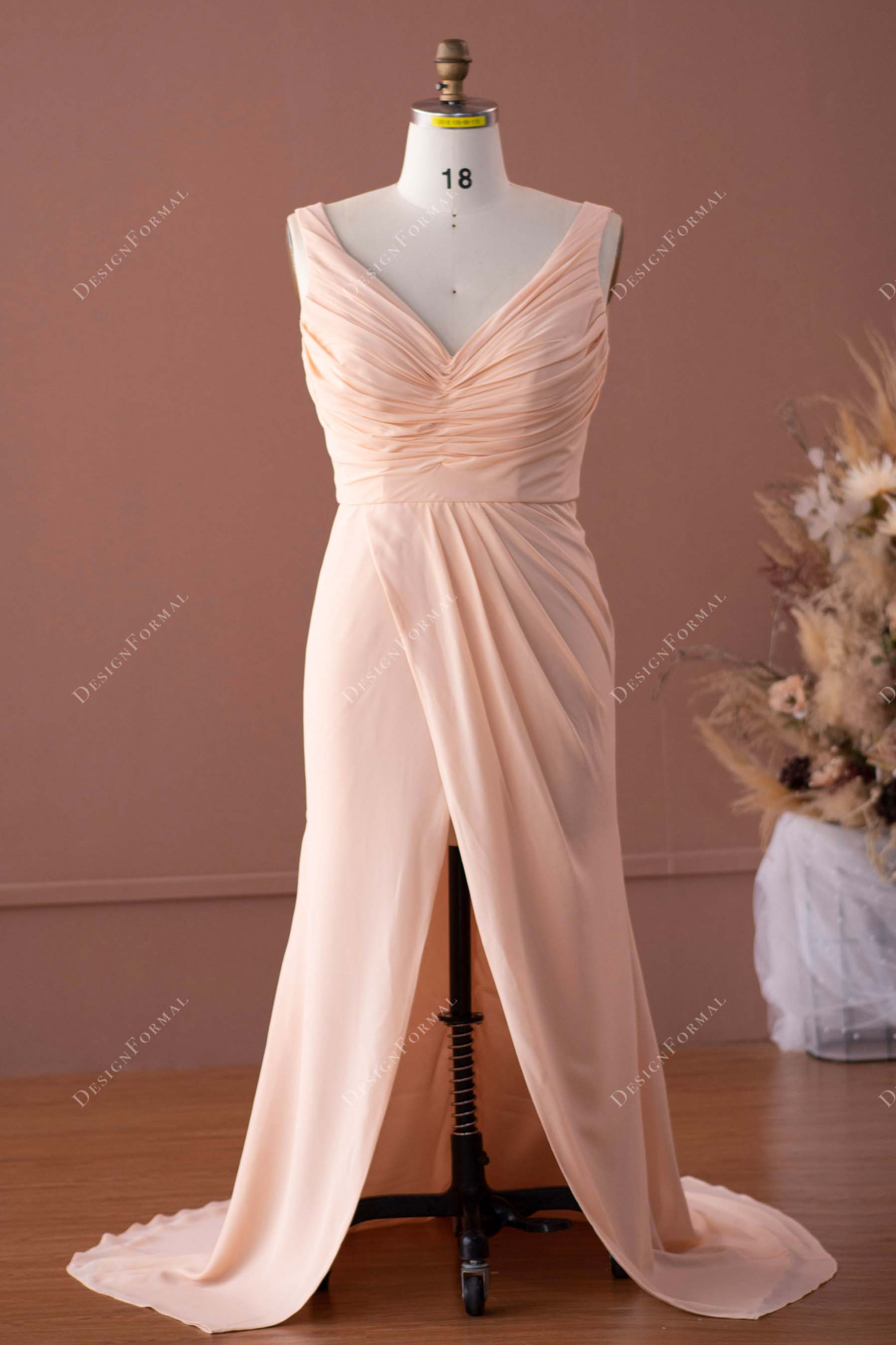 Plus size Peach Ruched  Wrap Slit Bridesmaid Dress