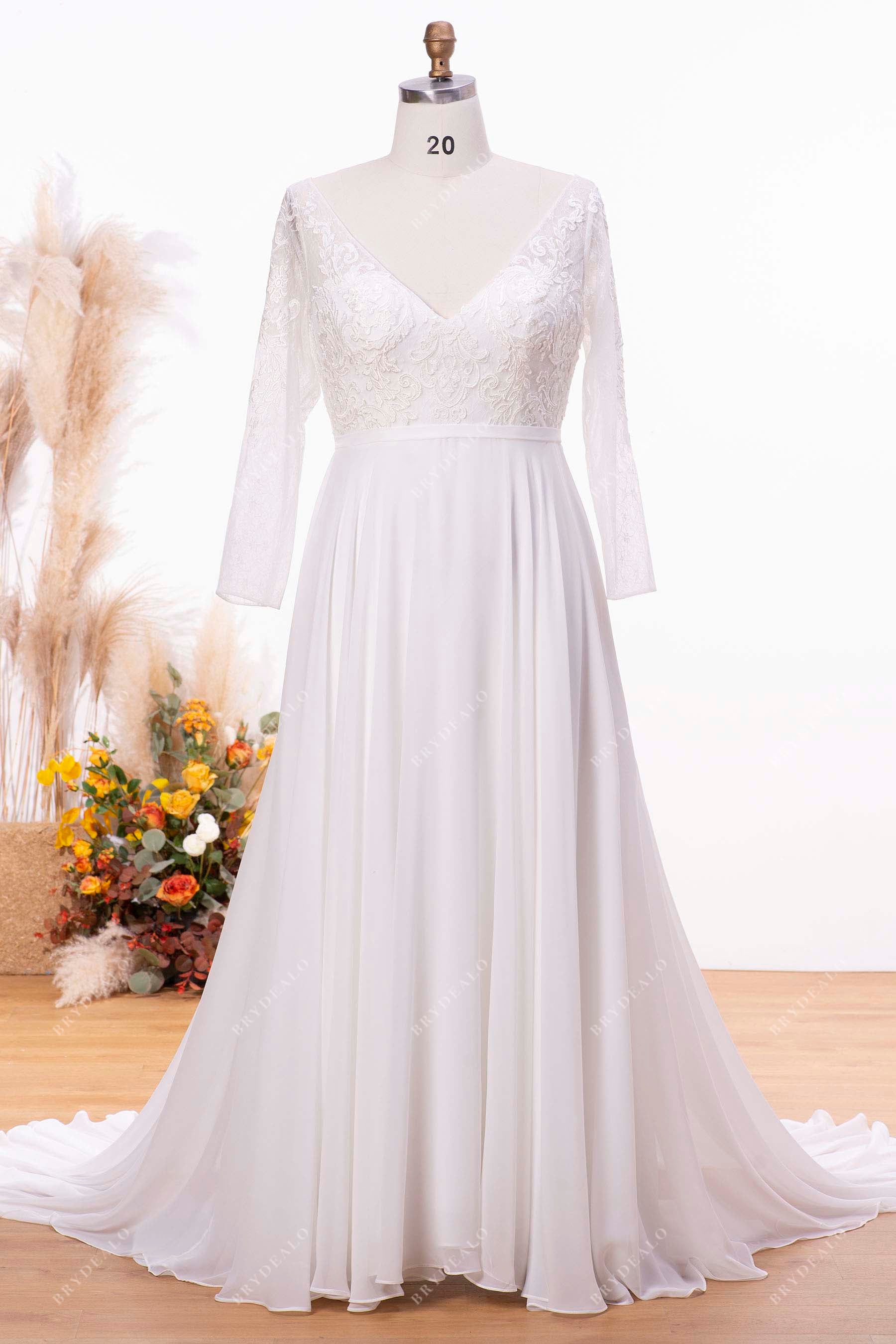 Plus Size Sheer Sleeves Beach Lace Chiffon Bridal Gown