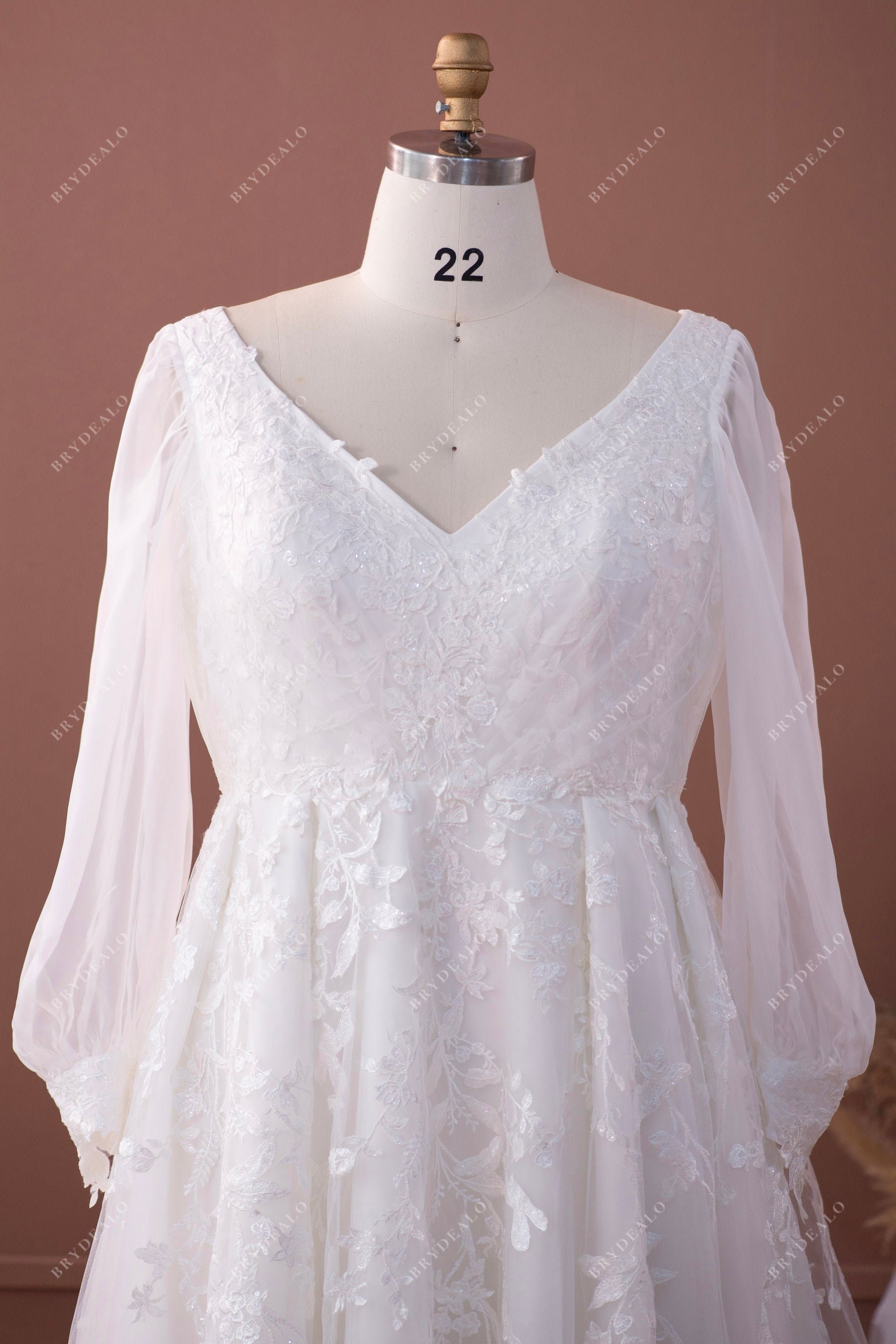 V-neck sheer long sleeves plus size summer wedding gown