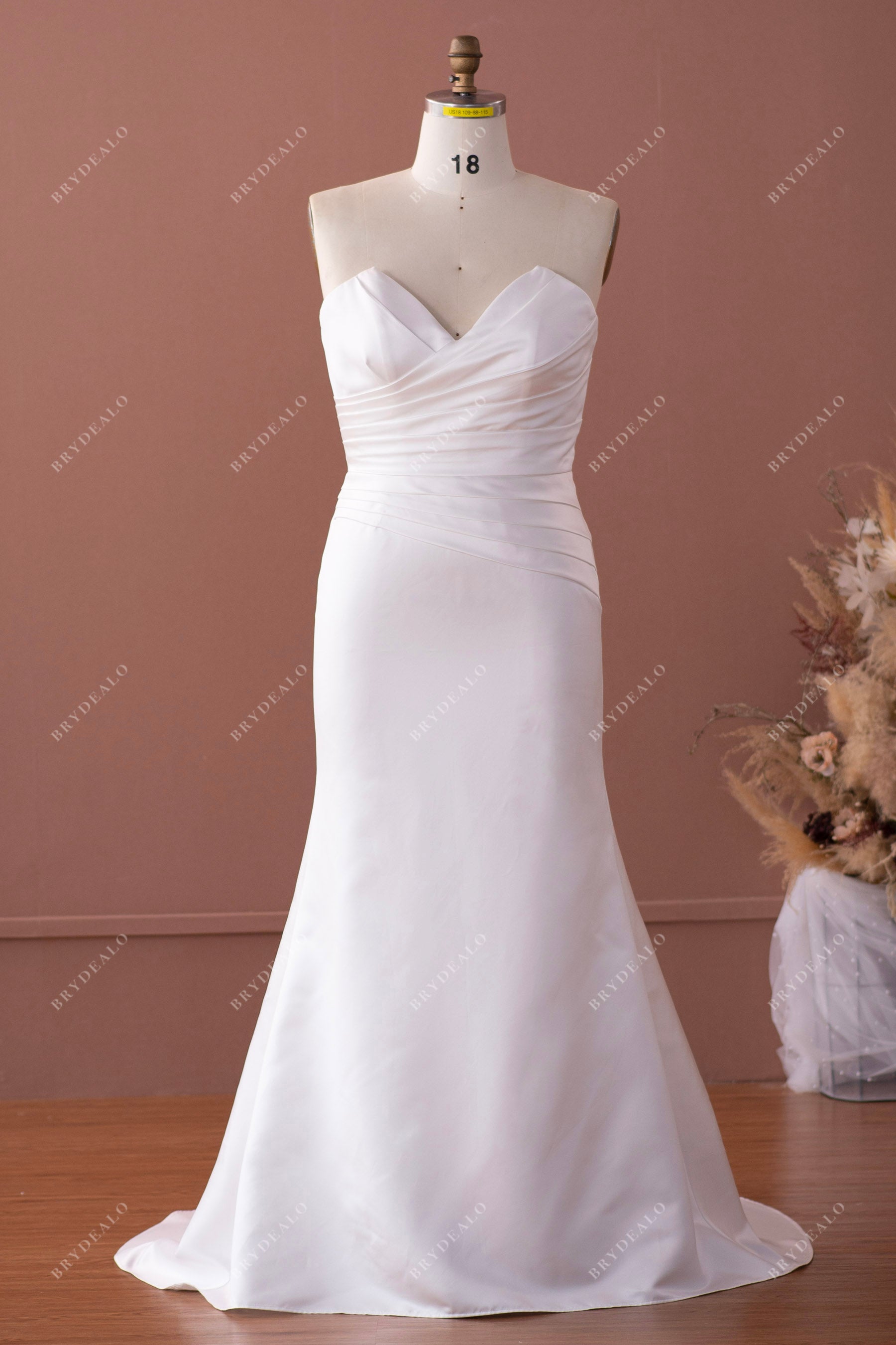 mermaid satin pleated V-neck bridal gown