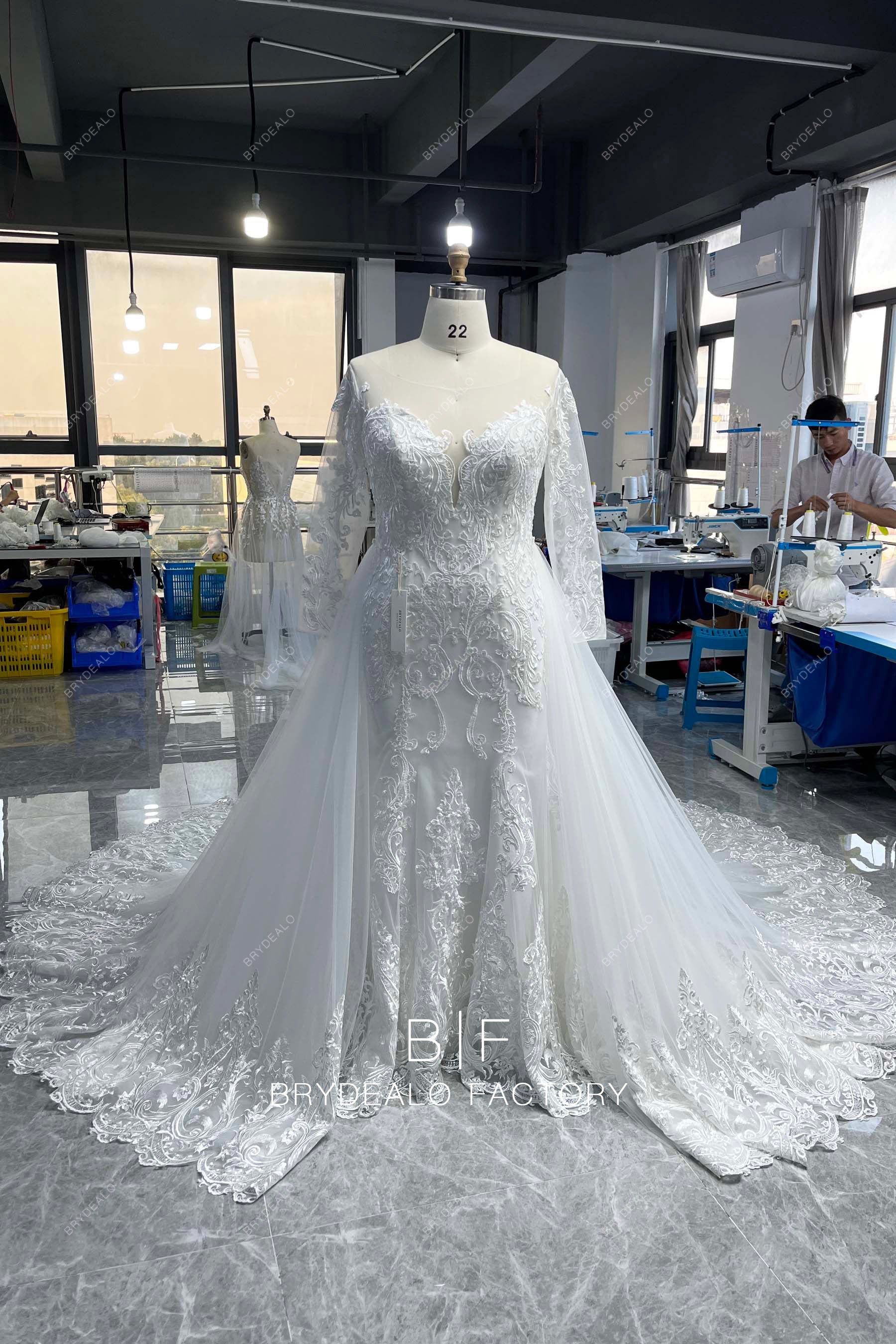 custom plus size sleeved lace wedding dress overskirt