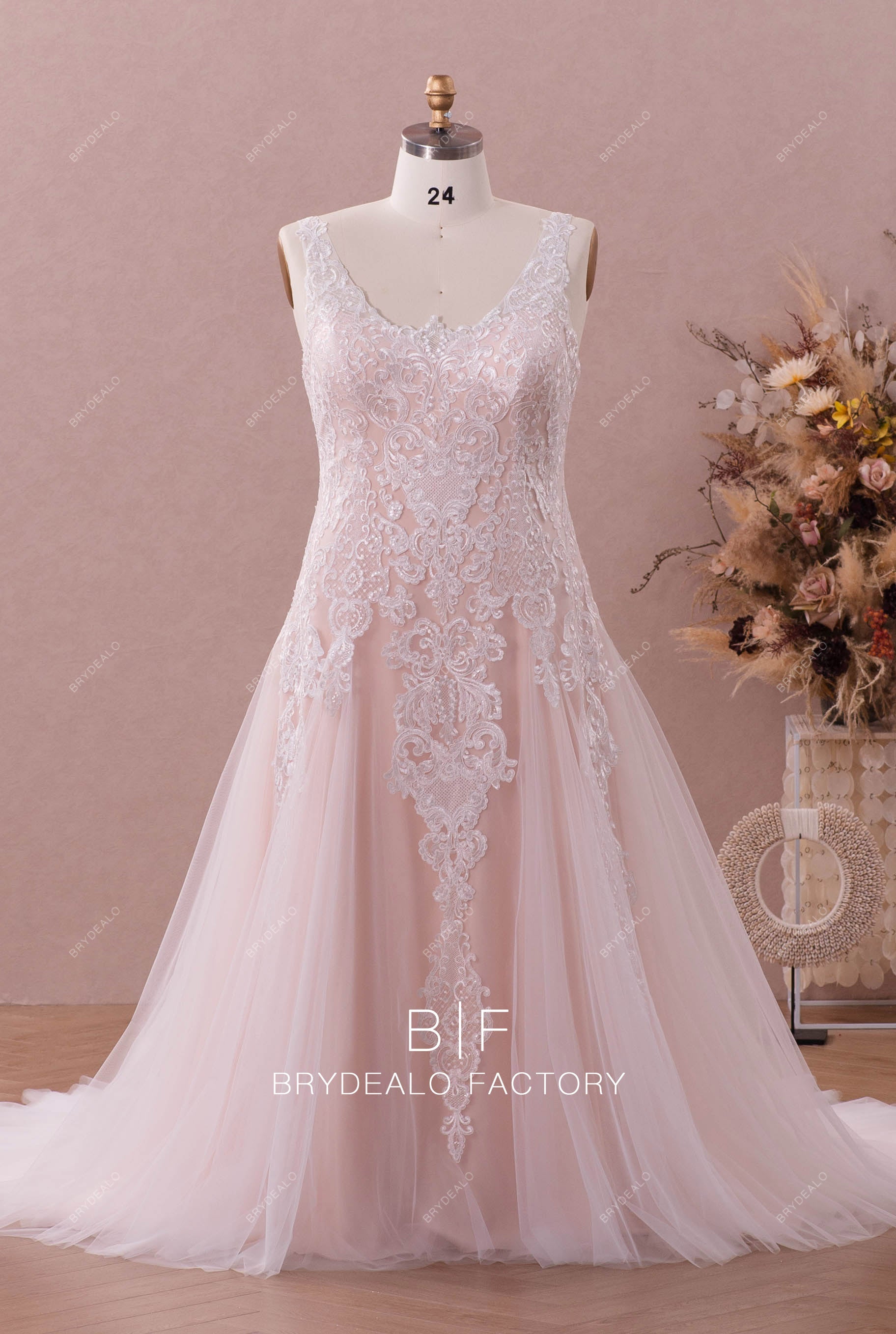Nude Pink Plus Size Lace Tulle Fit and Flare Wedding Dress