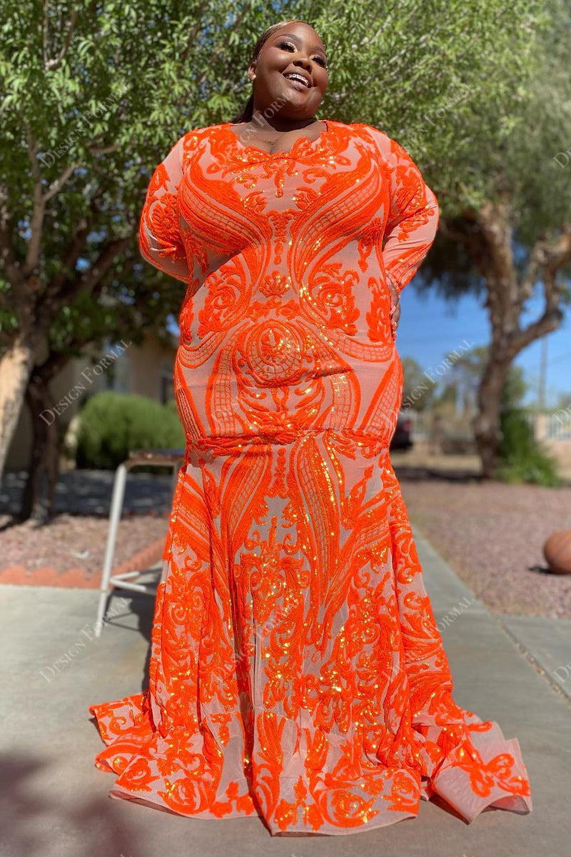 Plus Size Orange Sequins Plunging Neck Trumpet Prom Dress