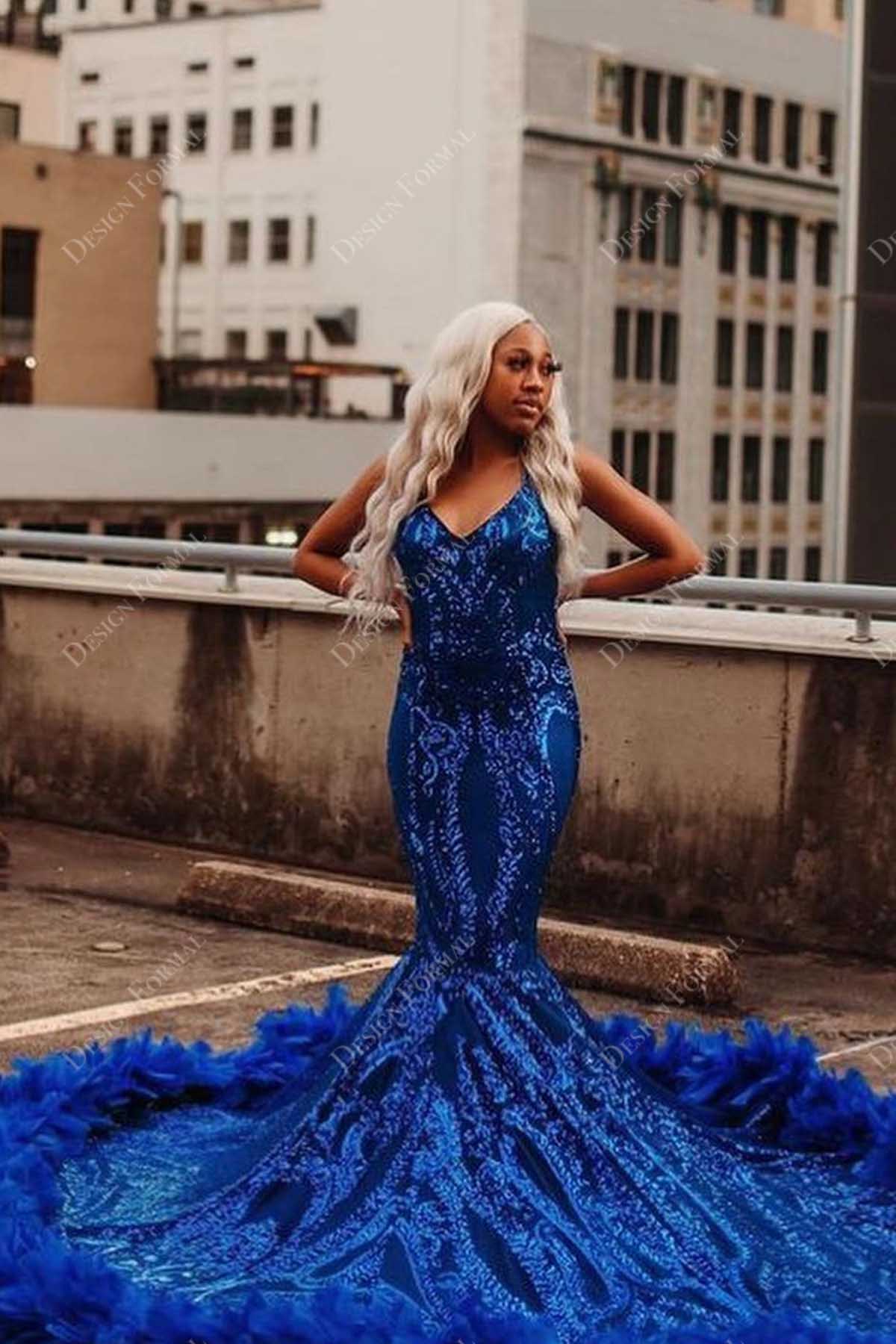 popular halter neck royal blue sequin mermaid prom gown