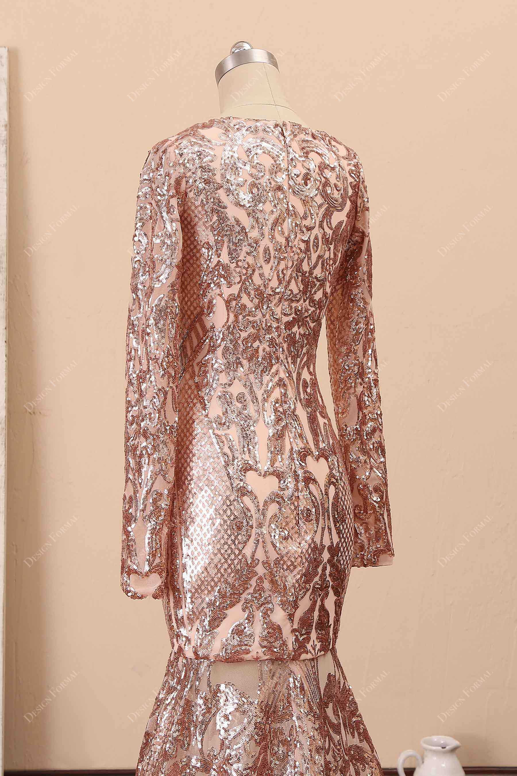 popular sequin long sleeve rose gold prom dress