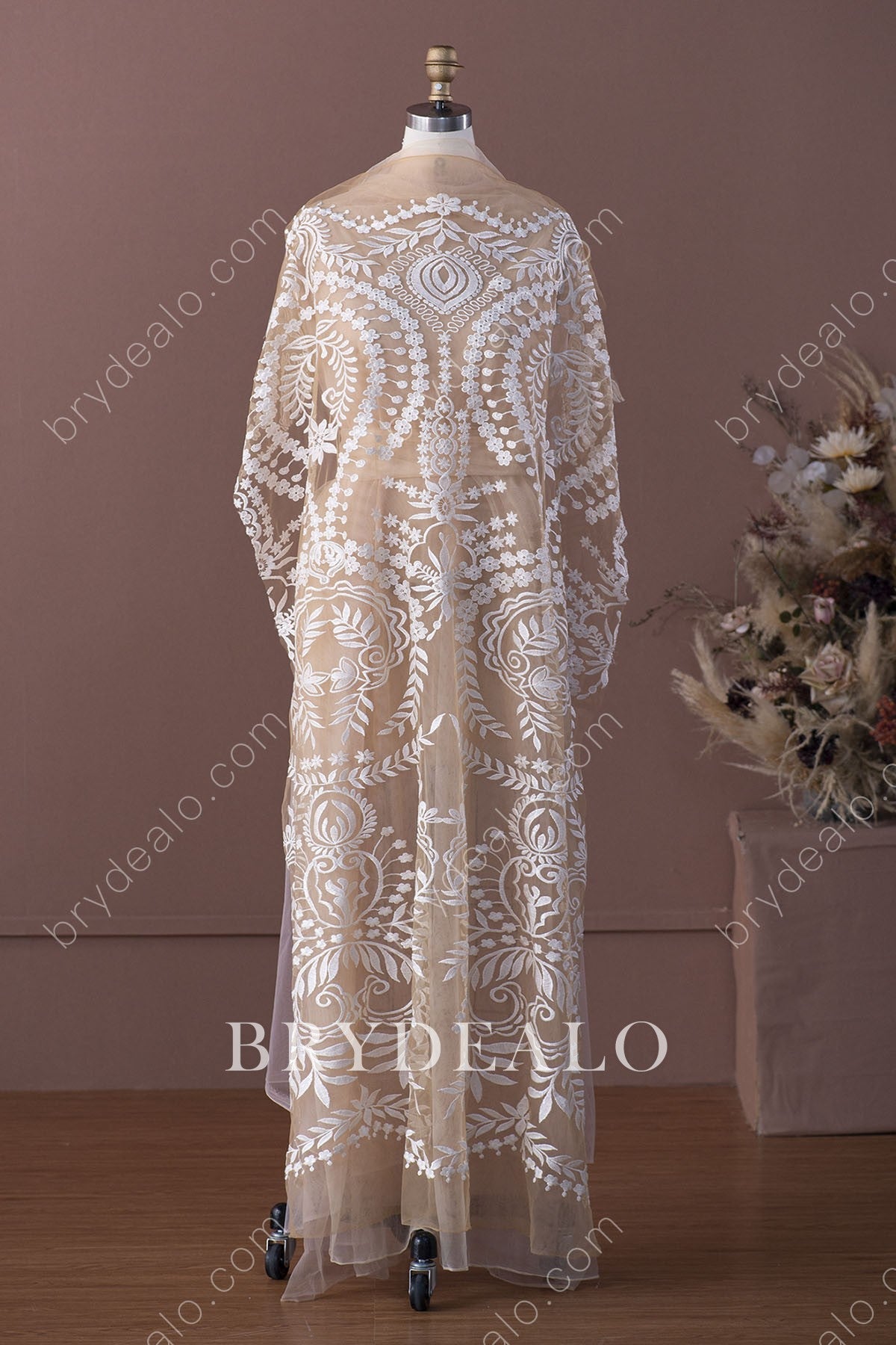 Designer Flower Leaf Champagne Bridal Lace Fabric Online