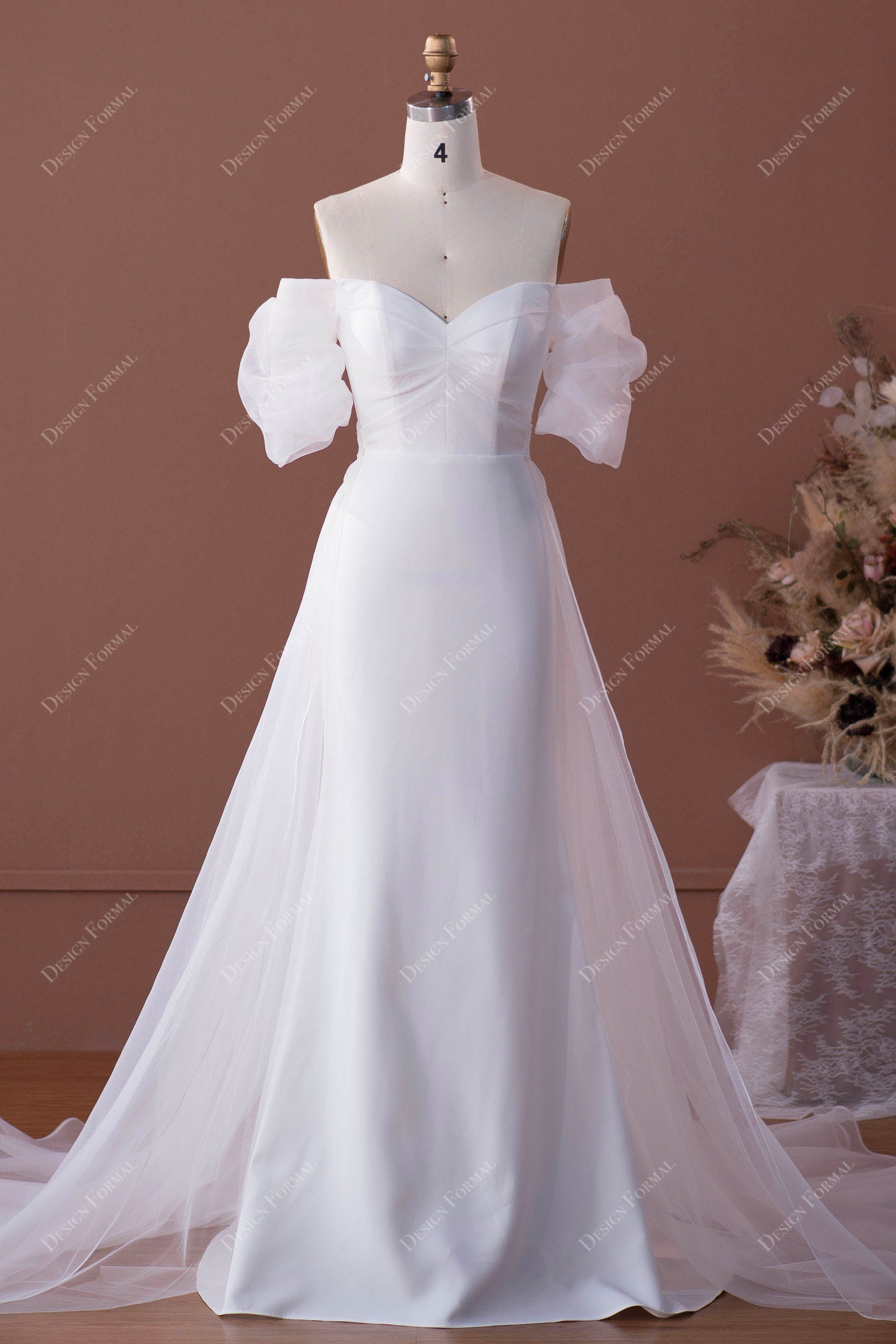 princess off shoulder sweetheart overskirt bridal dress