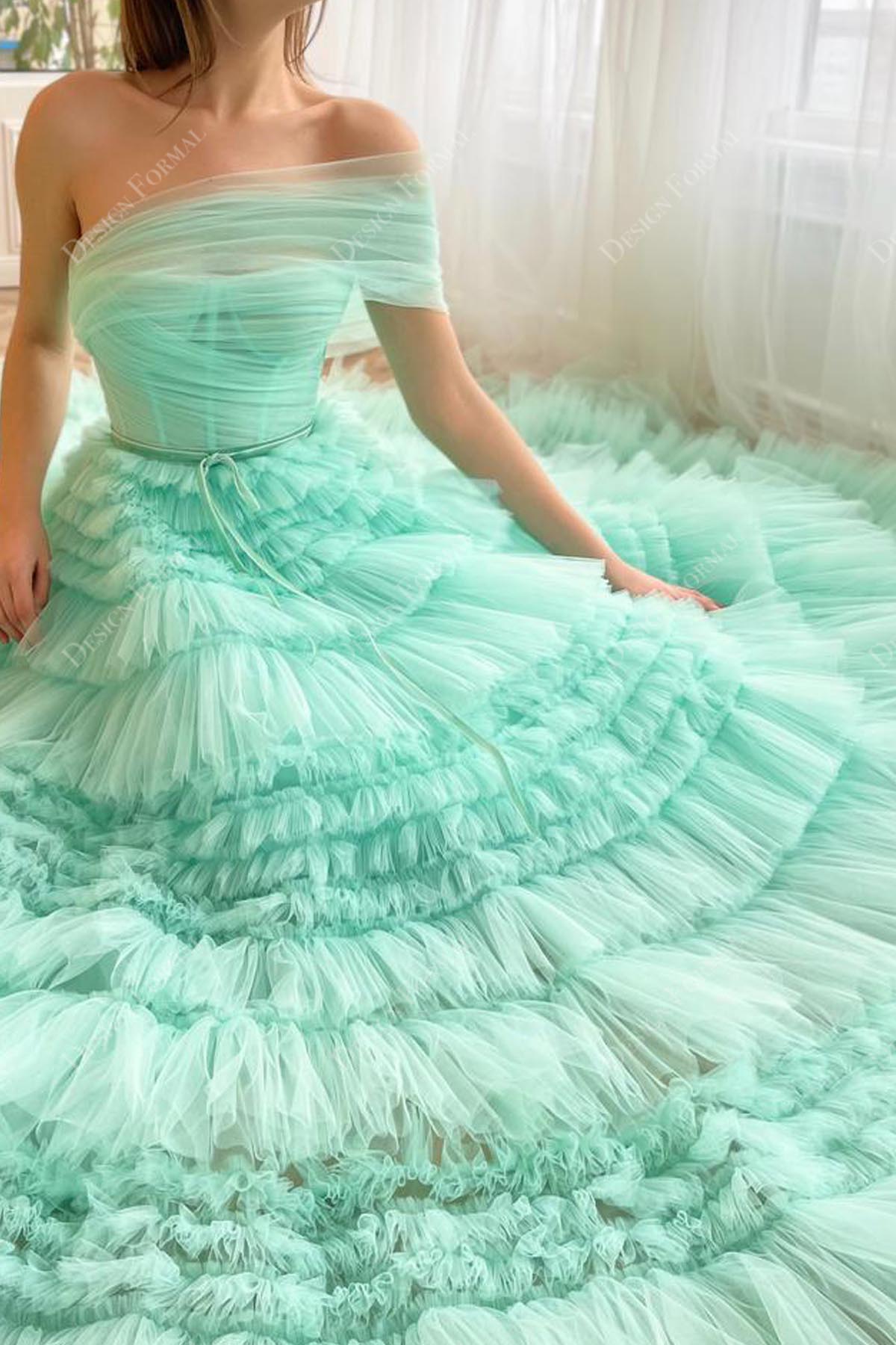 Turquoise Tiered Pleated Tulle One-shoulder Hand-made Bridal Gown