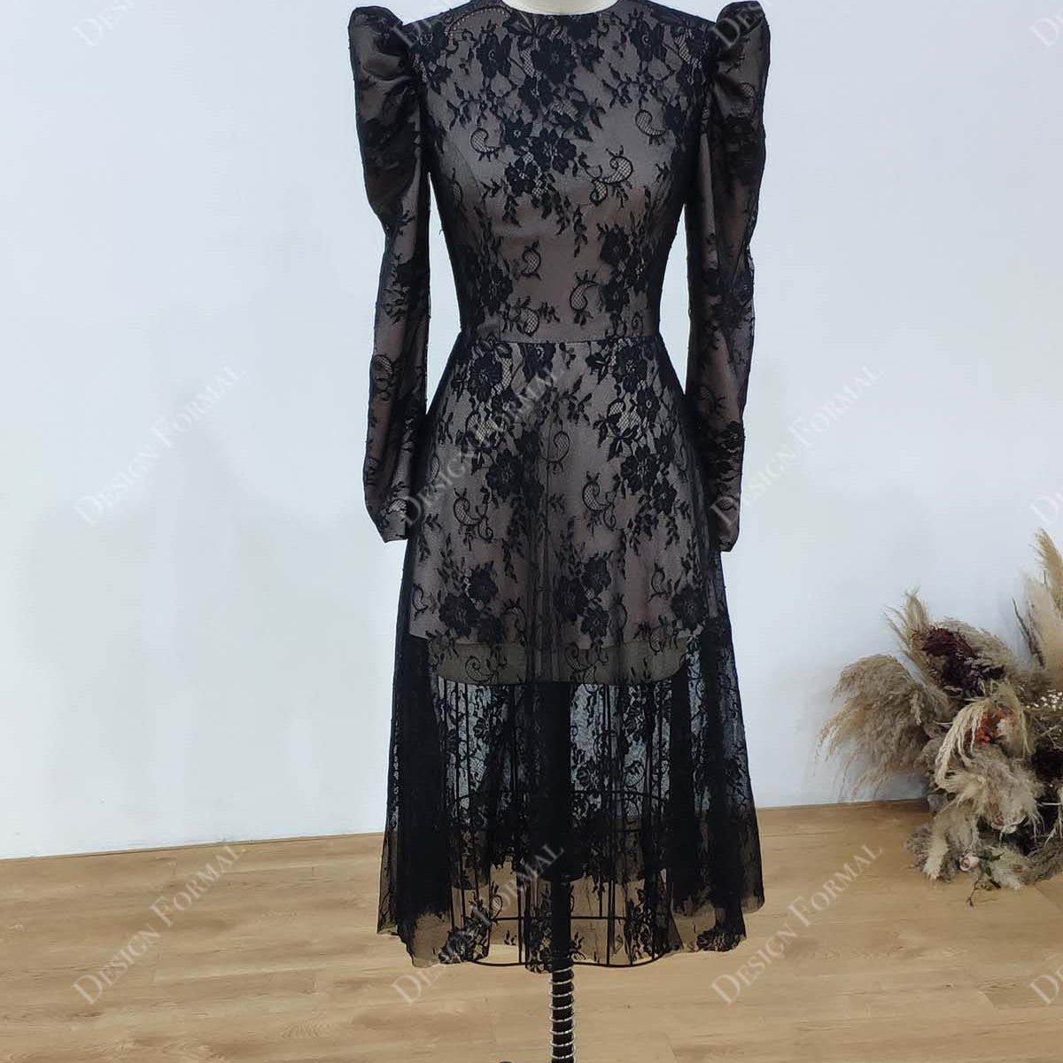 Black Lace Filipino Sleeves Tea Length Designer Formal Dress