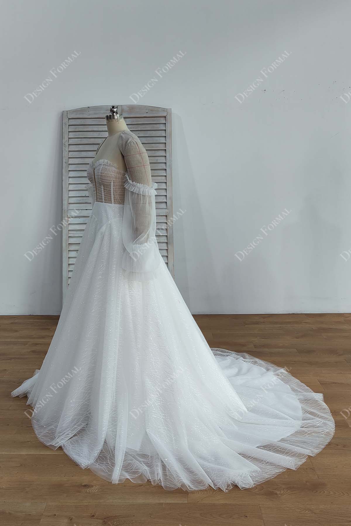 pleated puffy sleeves A-line wedding dress