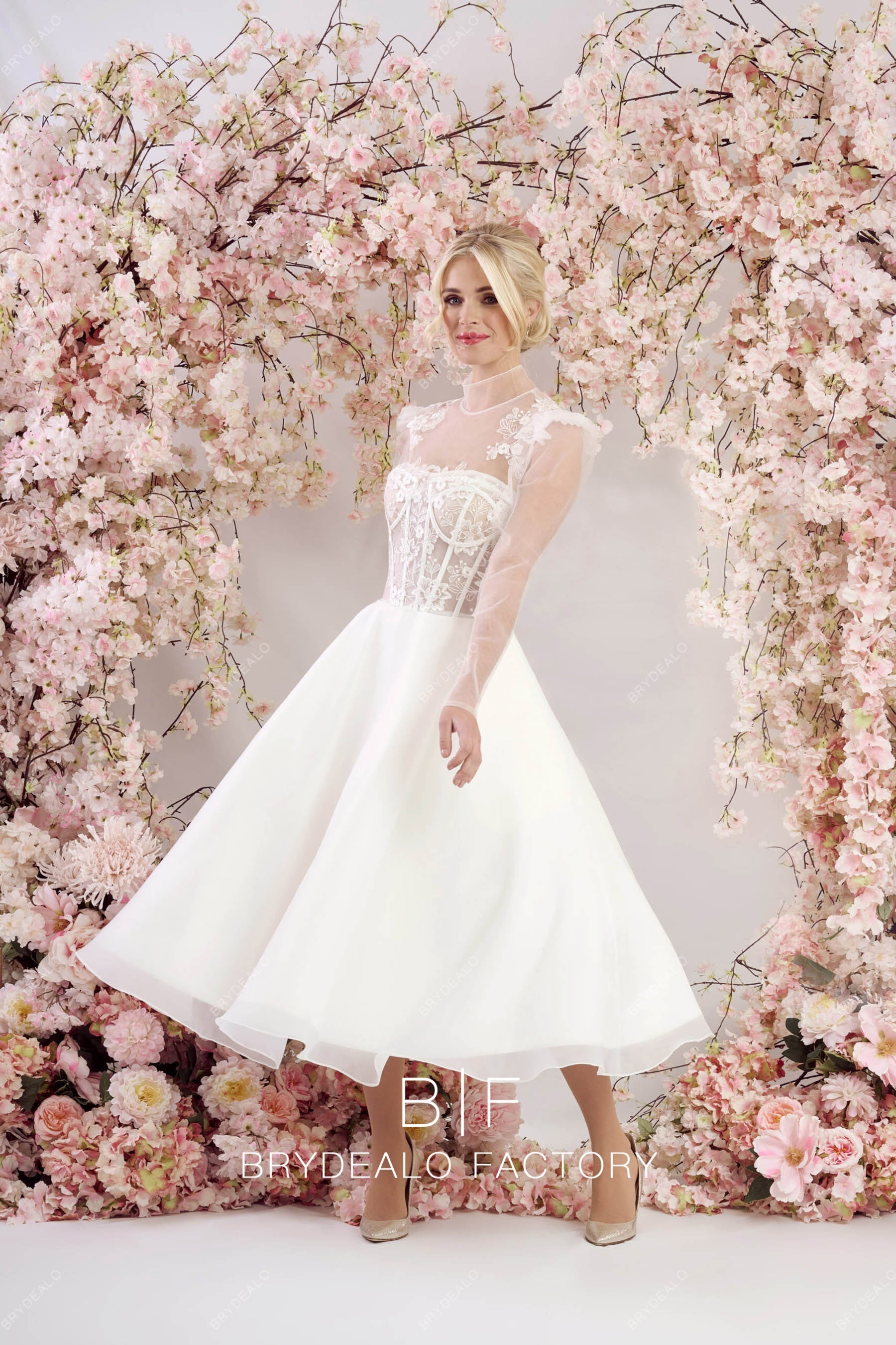 sheer long sleeves short puffy A-line wedding dress