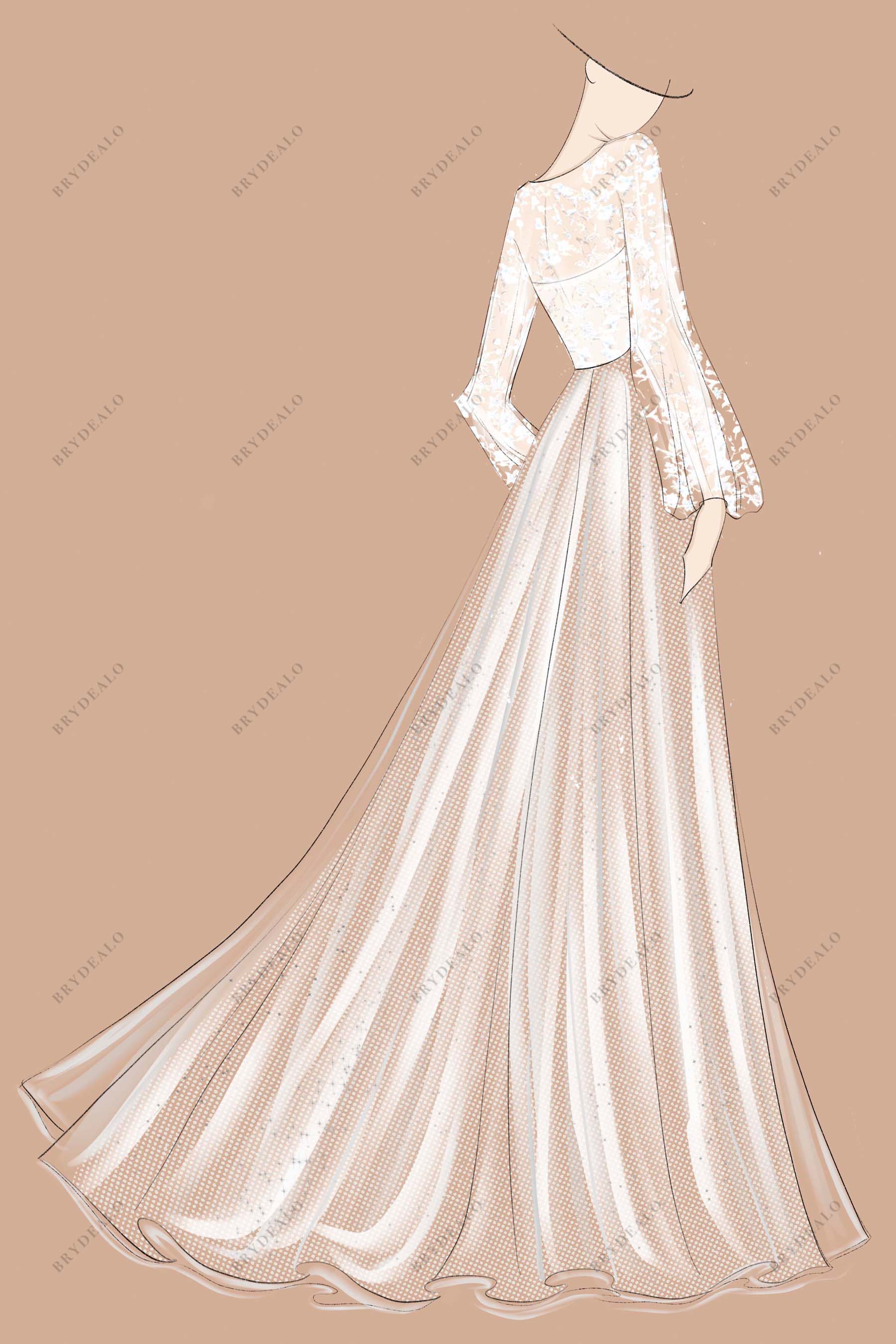 Lace Puffy Sleeves A-line Spring Bridal Dress Sketch