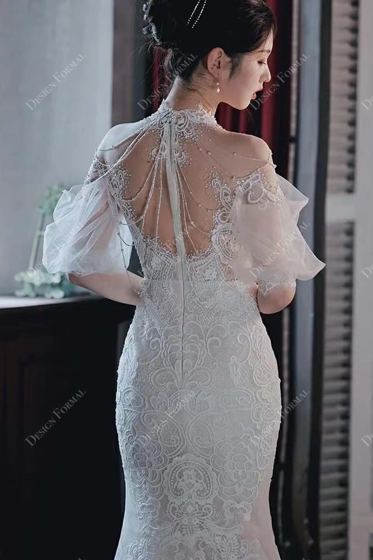 puffy sleeves halter neck beaded lace bridal dress