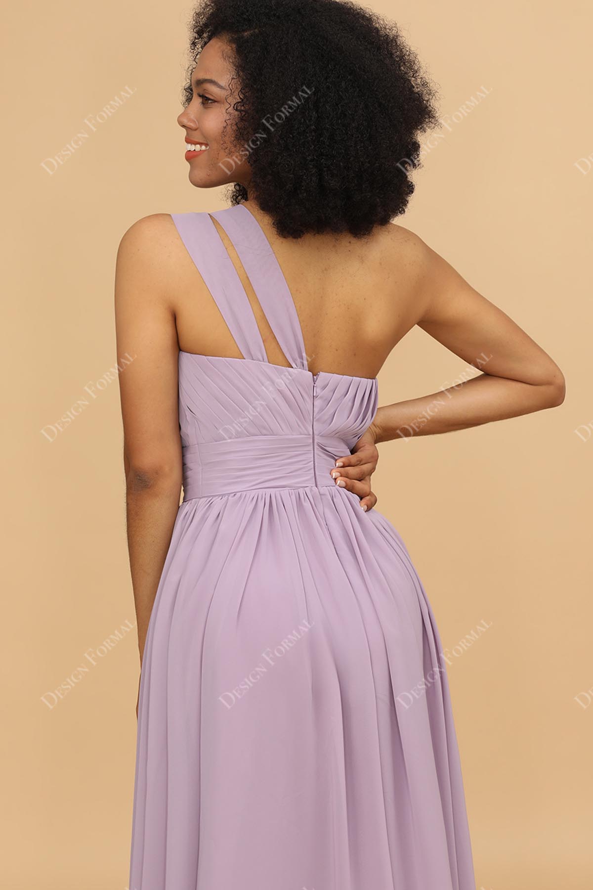 purple chiffon one shoulder bridesmaid gown