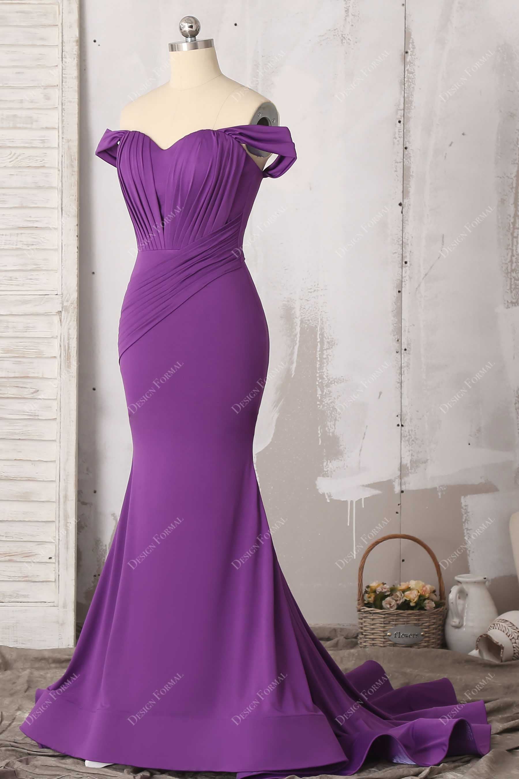 purple knit mermaid ruched prom dress