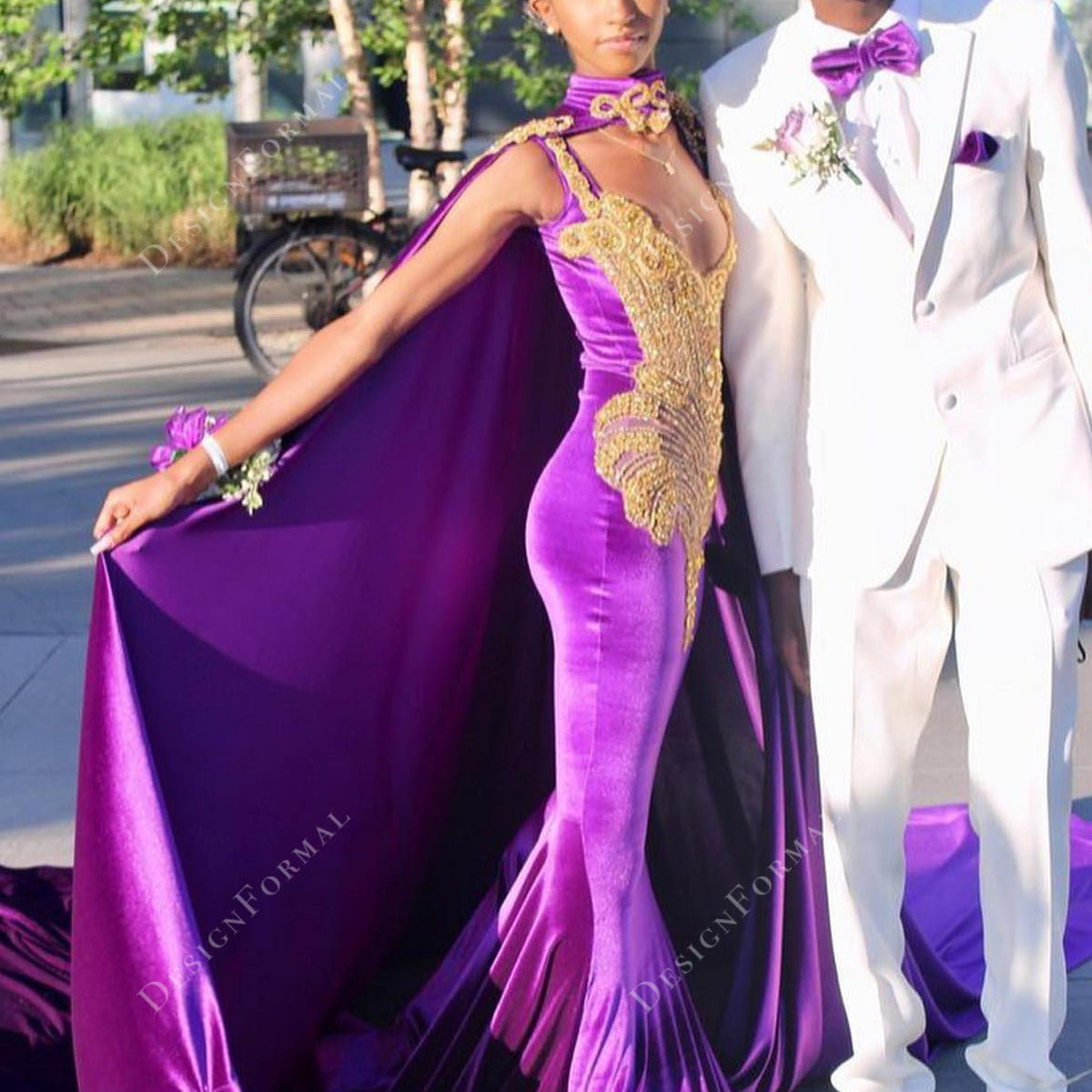 Raspberry Mermaid Velvet Gold Beaded Cape Handmade Prom Dress