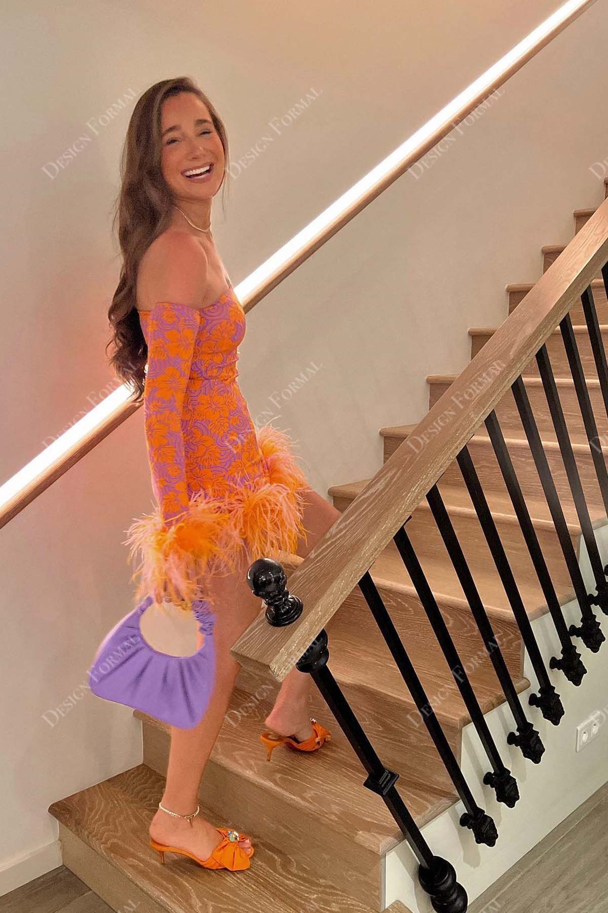 purple orange jacquard strapless cocktail gown with gloves