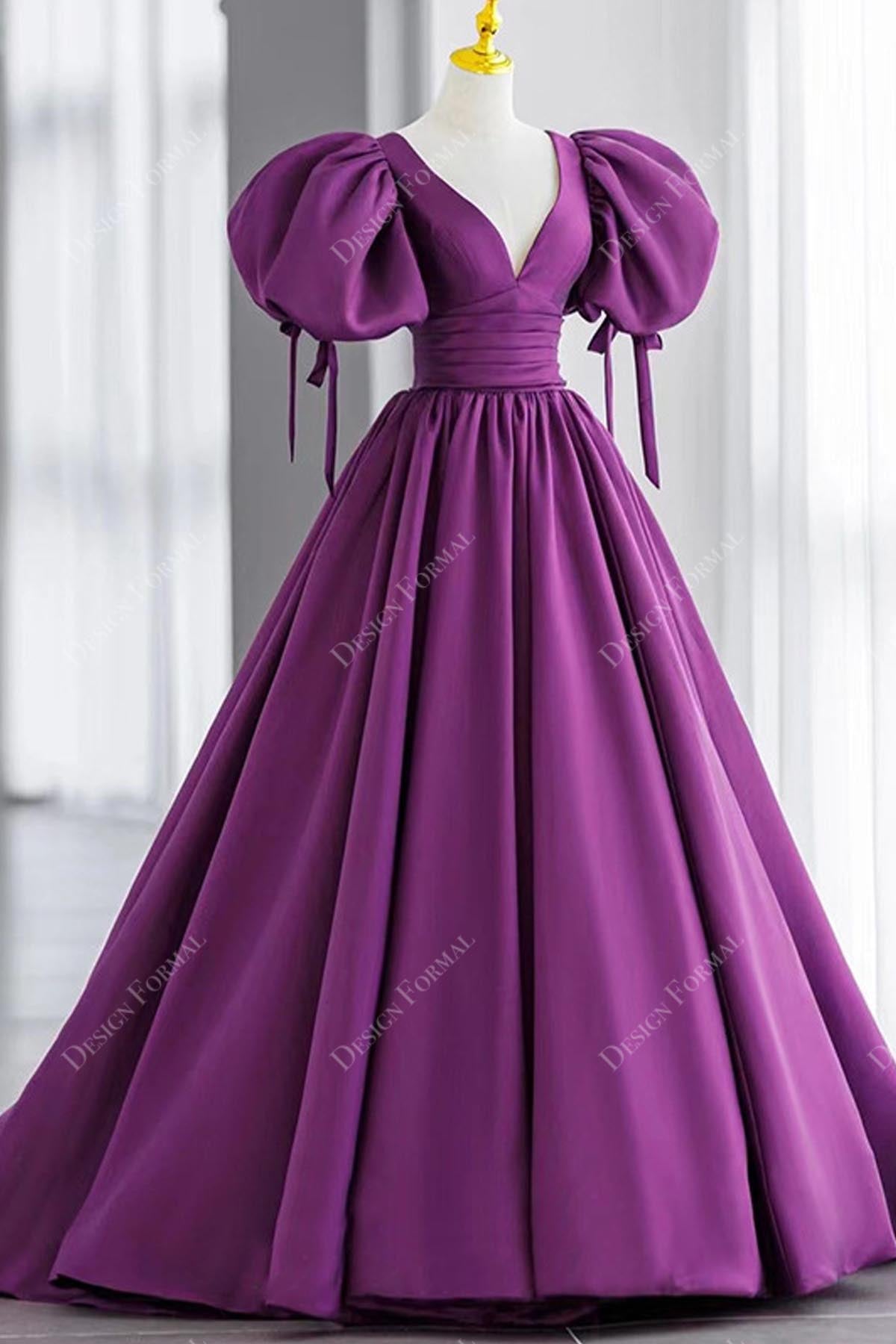 elegant purple puffy sleeves satin evening dress