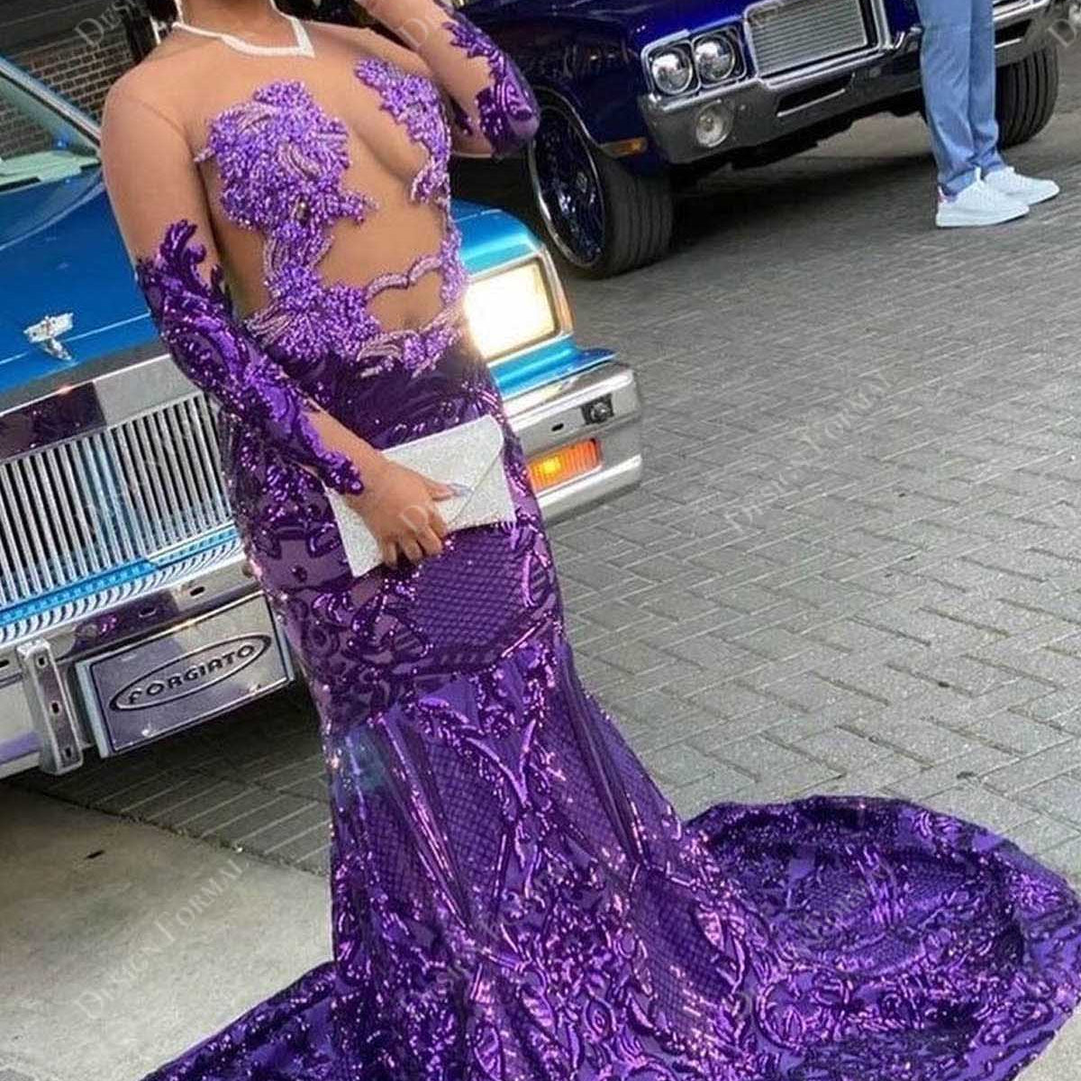 Purple Sequin Sexy Sheer Beaded Made-to-Order Prom Dress