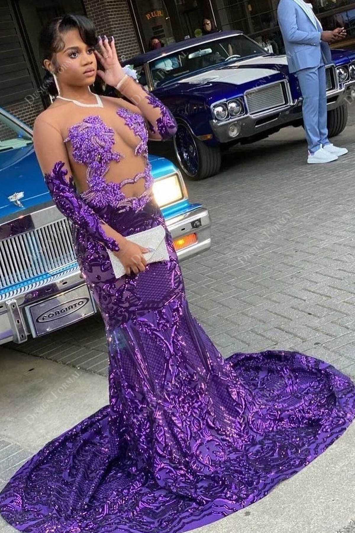purple sequin sexy sheer beaded appliques prom dress