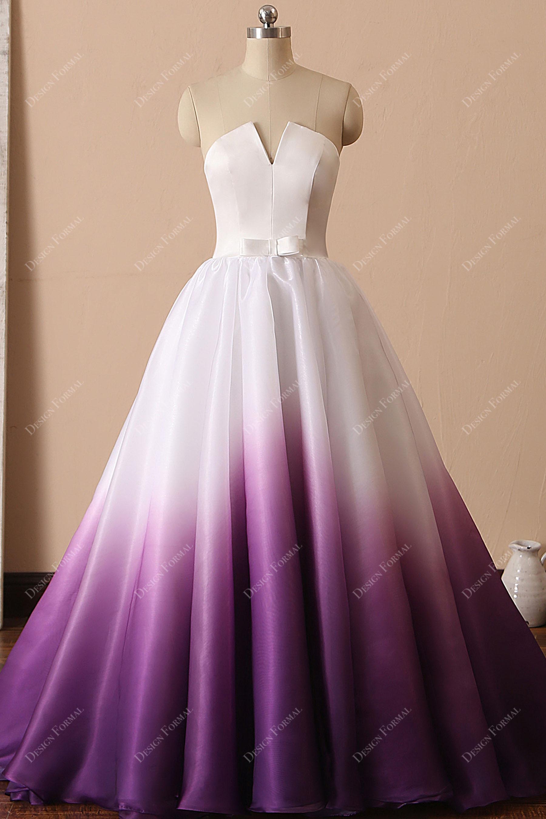 purple white ombre organza strapless bridal ball gown
