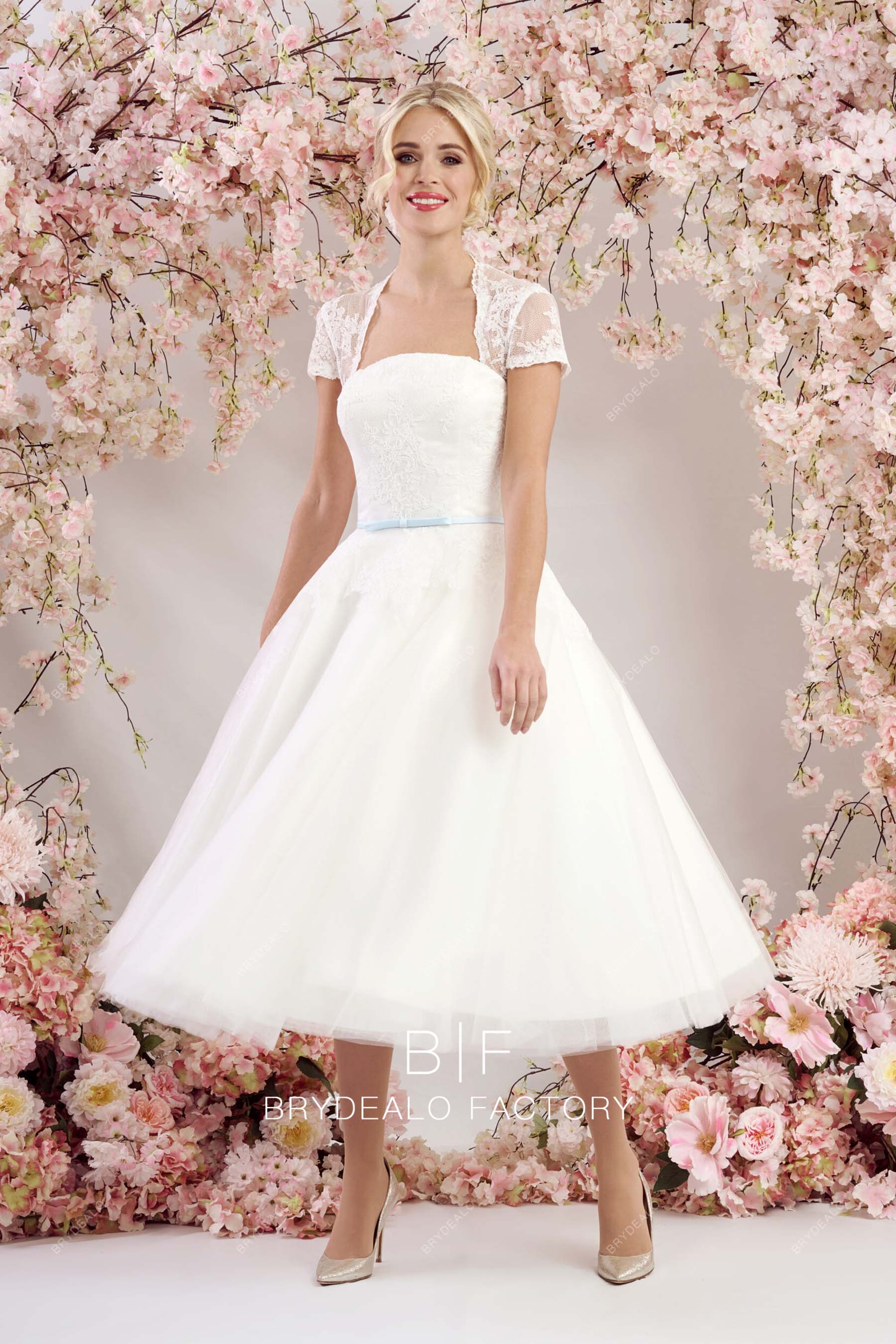 retro queen anne neck tea length casual bridal dress