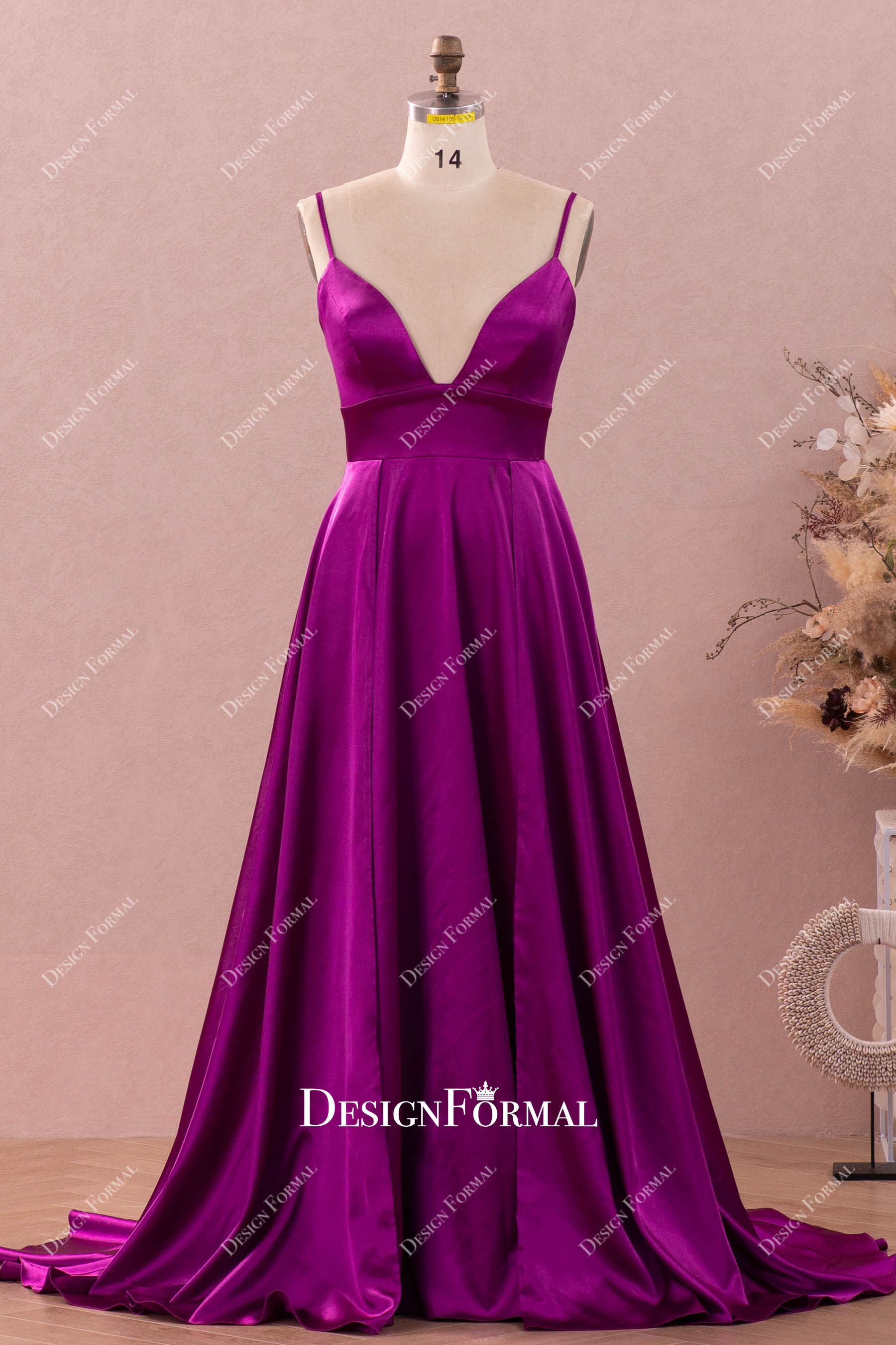 raspberry silky satin spaghetti straps prom formal dress