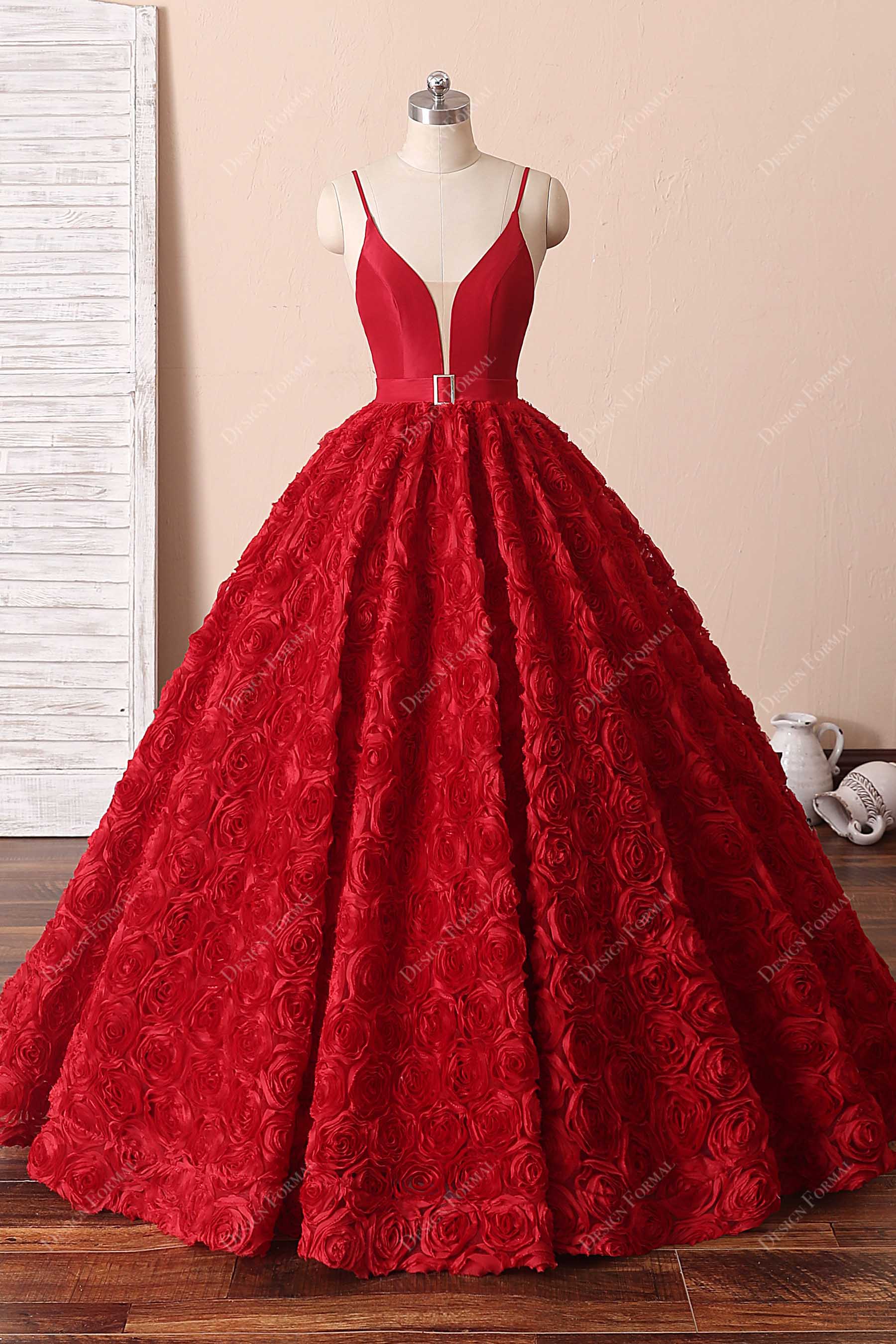 Plunging Neck Red 3D Rose Princess Ball Gown Prom Dress