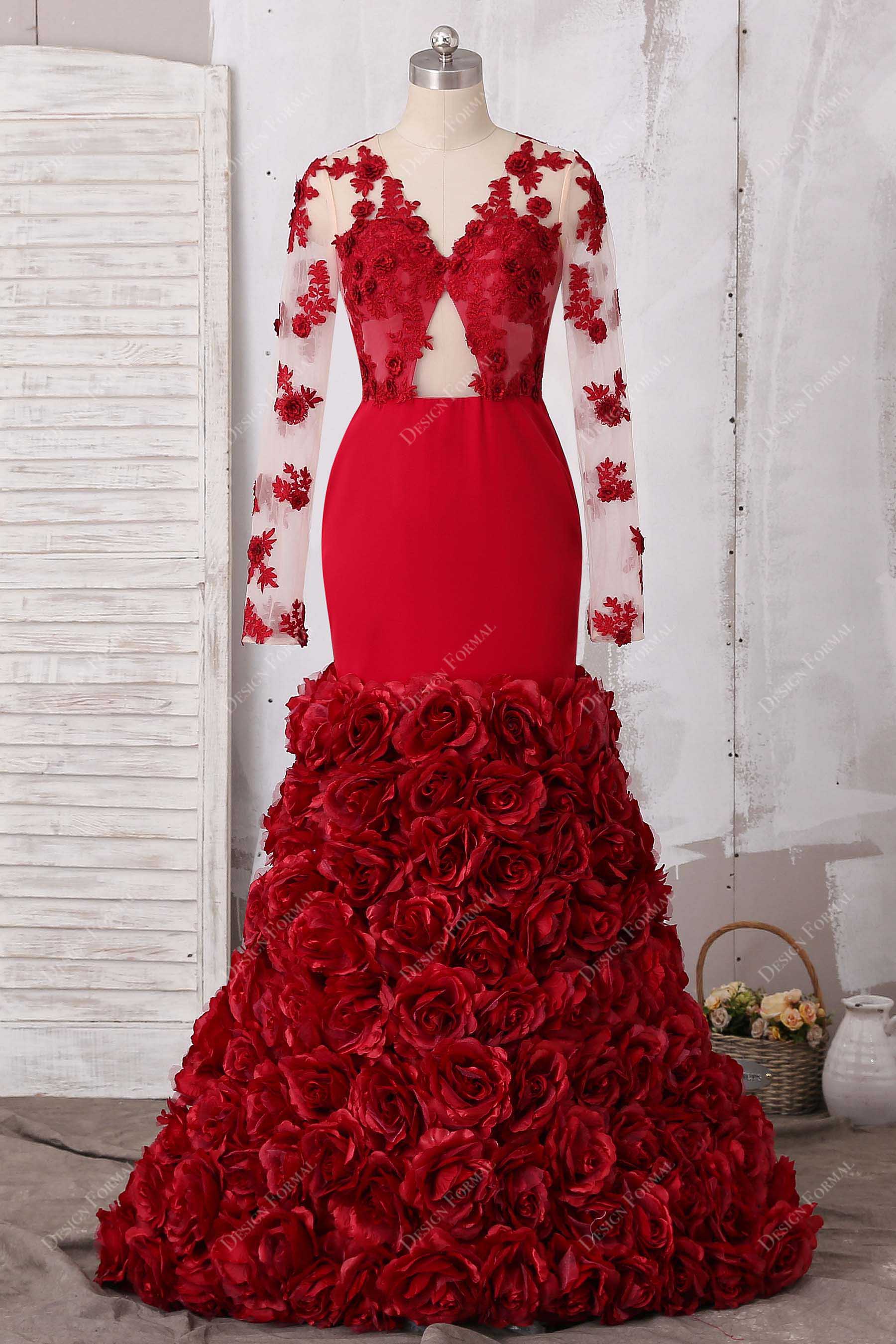 red 3D roses trumpet prom dress