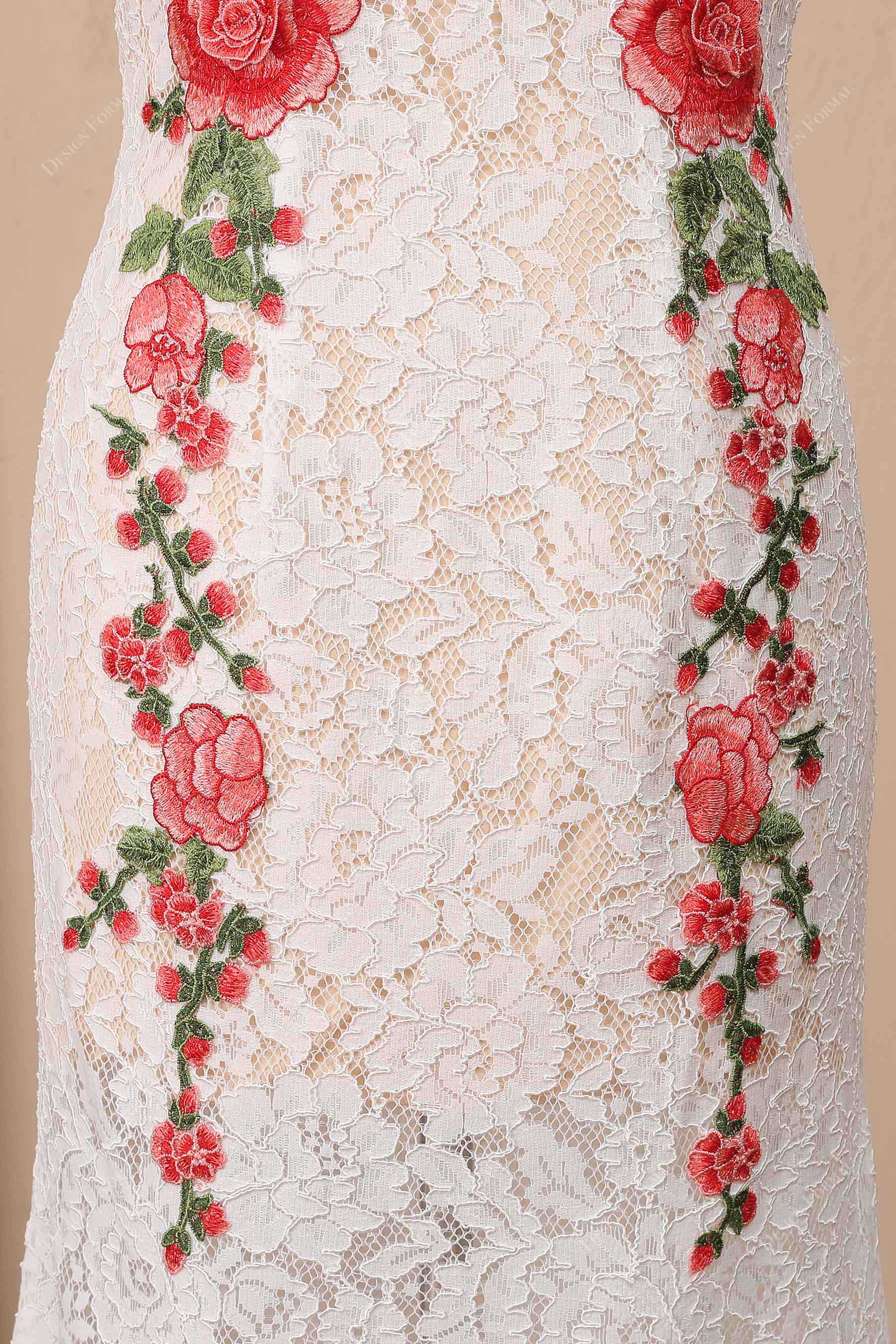 red appliqued light ivory lace dress