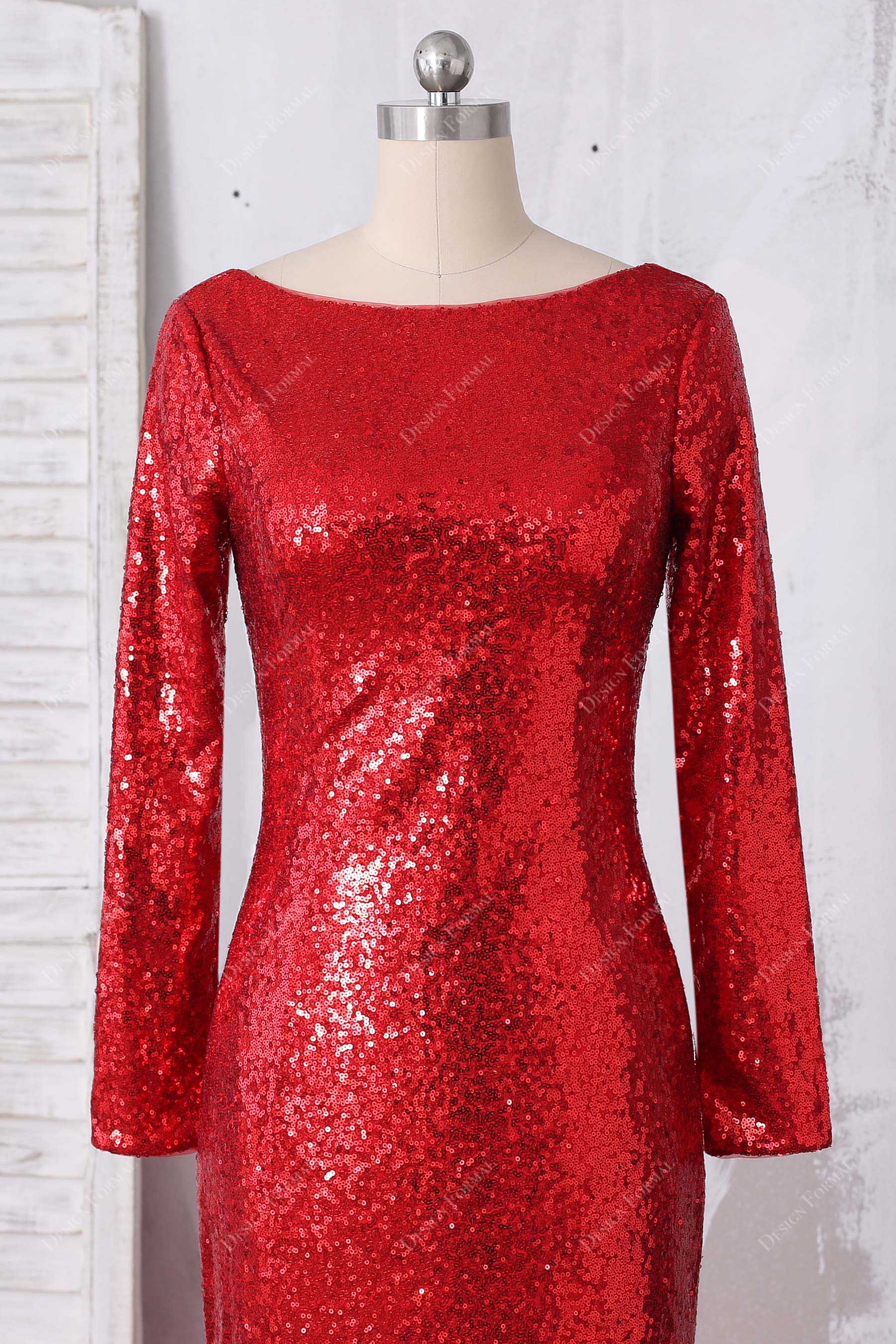 red bateau neck long sleeve sequin bridesmaid gown