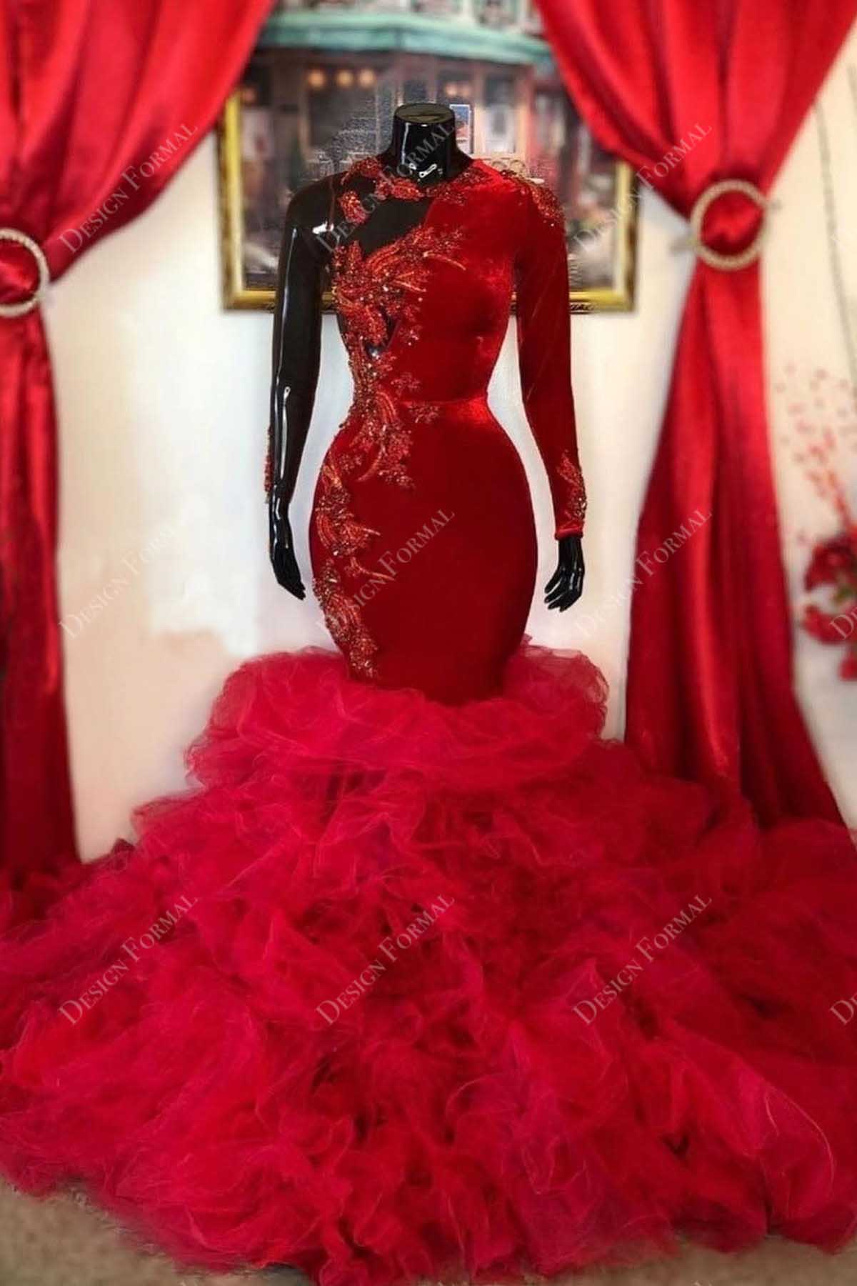 red beaded lace one sleeve trumpet tulle prom gown
