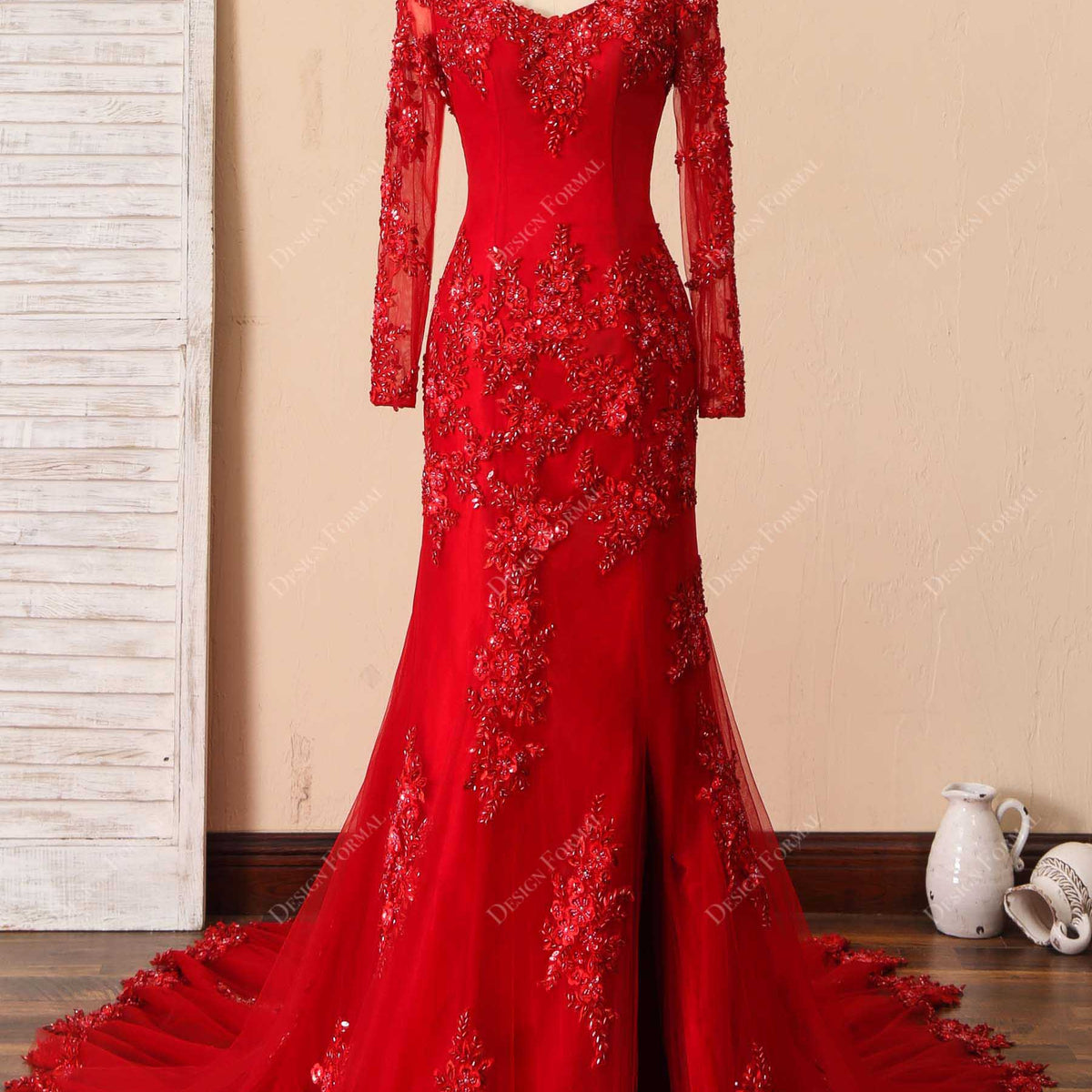 Red Beaded Lace Tulle Illusion Sleeve Mermaid Slit Prom Wedding Dress, Silver Red Beaded Lace Tulle Illusion Sleeve Mermaid Slit Prom Wedding Dress, Silver
