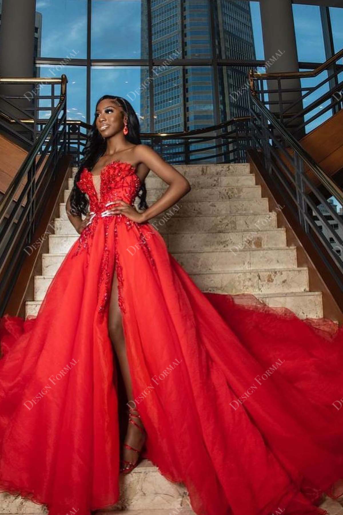 red beaded tulle strapless plunging high slit prom dress