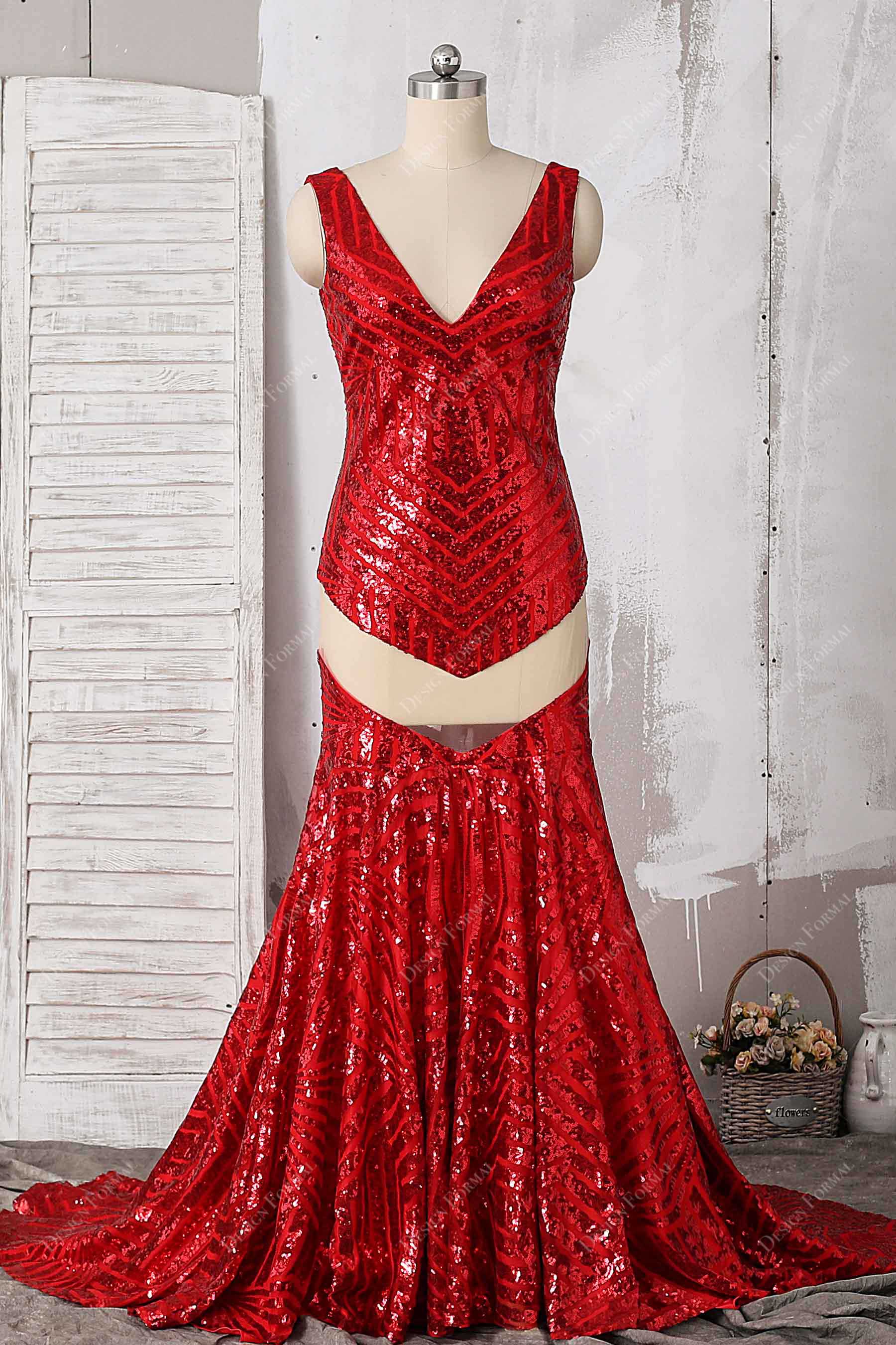 red bombshell sequin V-neck prom dress