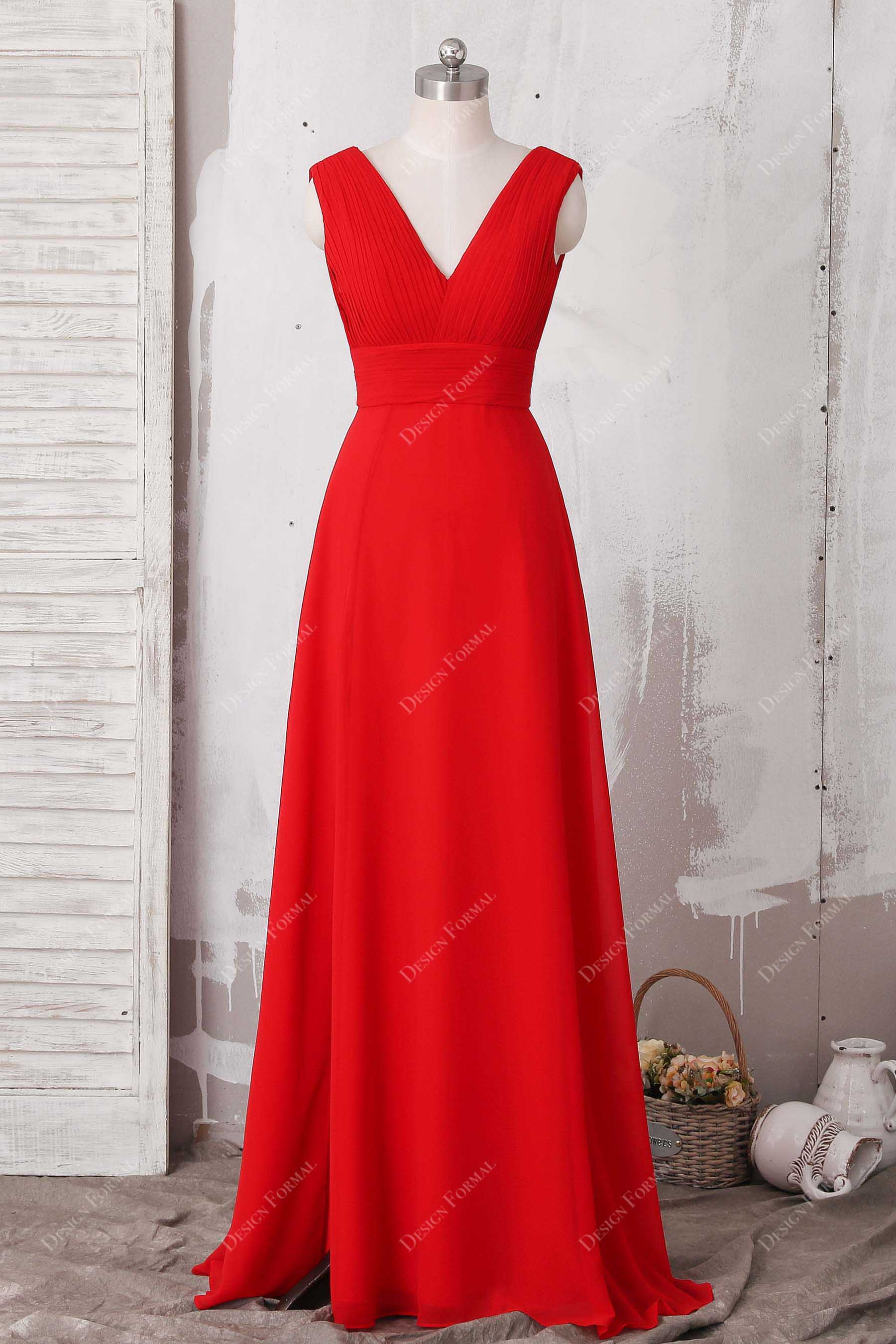 red chiffon V-neck bridesmaid dress