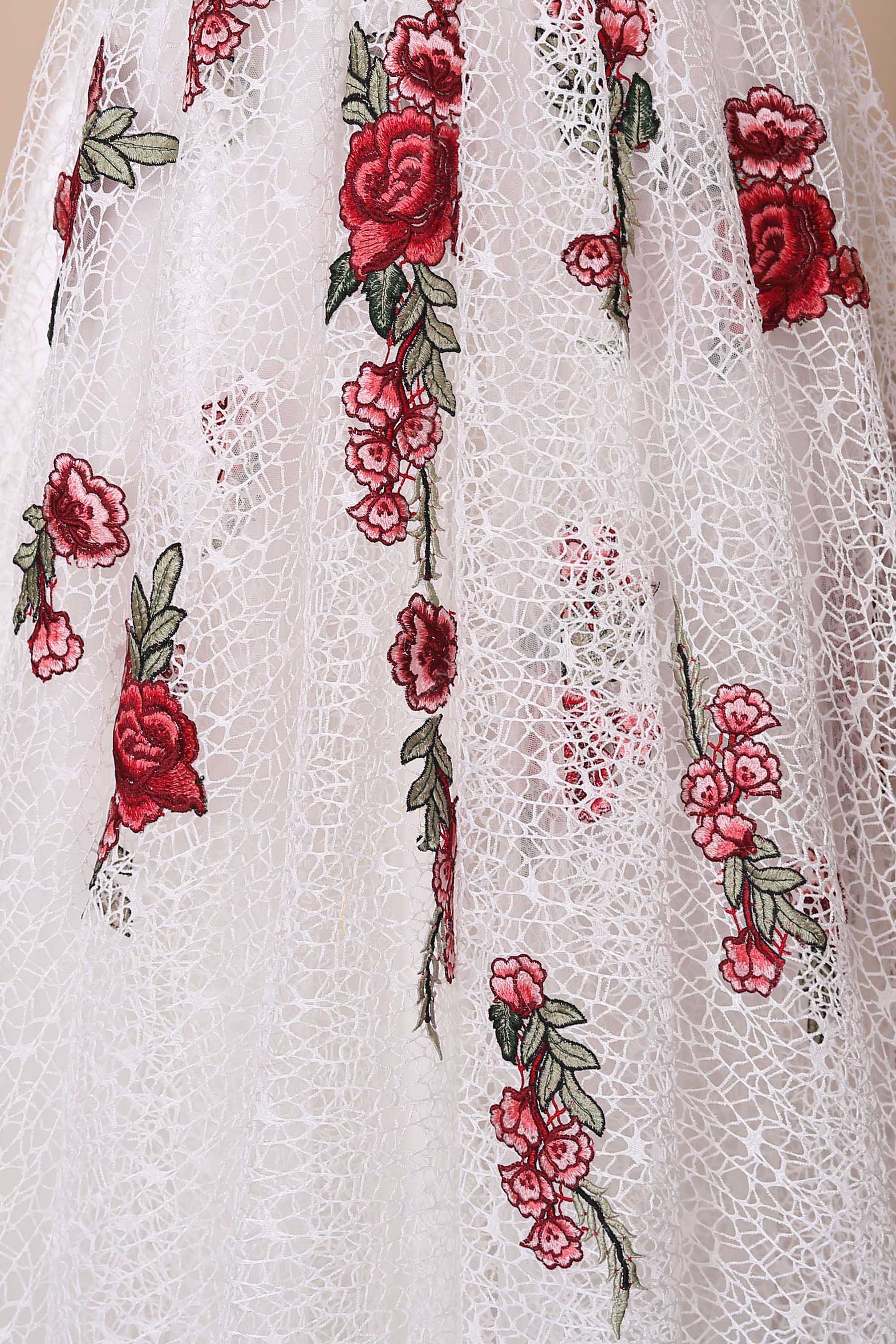 red embroidery white lace dress 