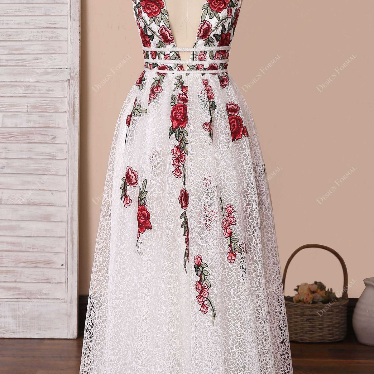 Fairy Red Flowers Intricate White Floor Length Lace Prom Bridal Dress