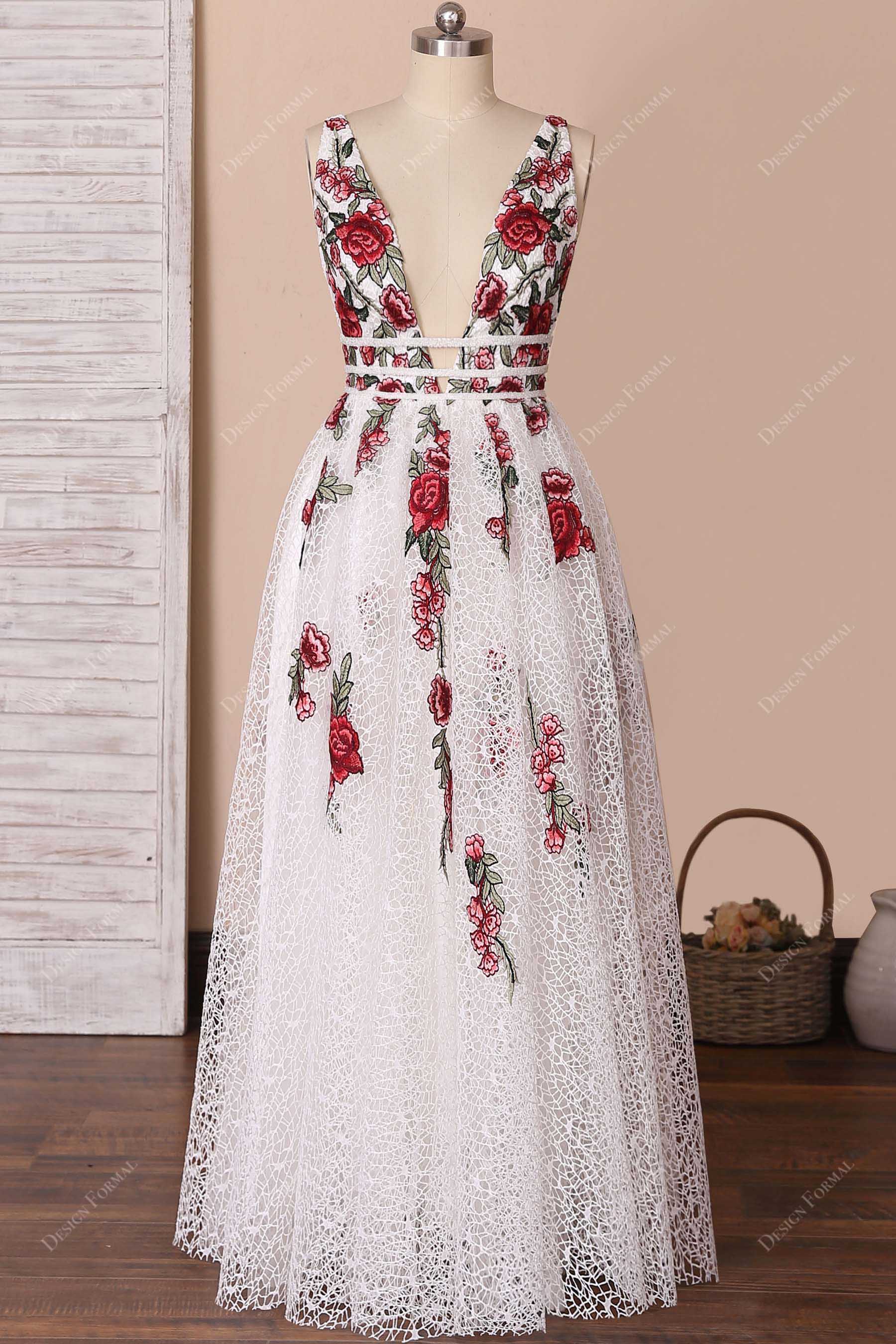 red flower white A-line bridal dress 